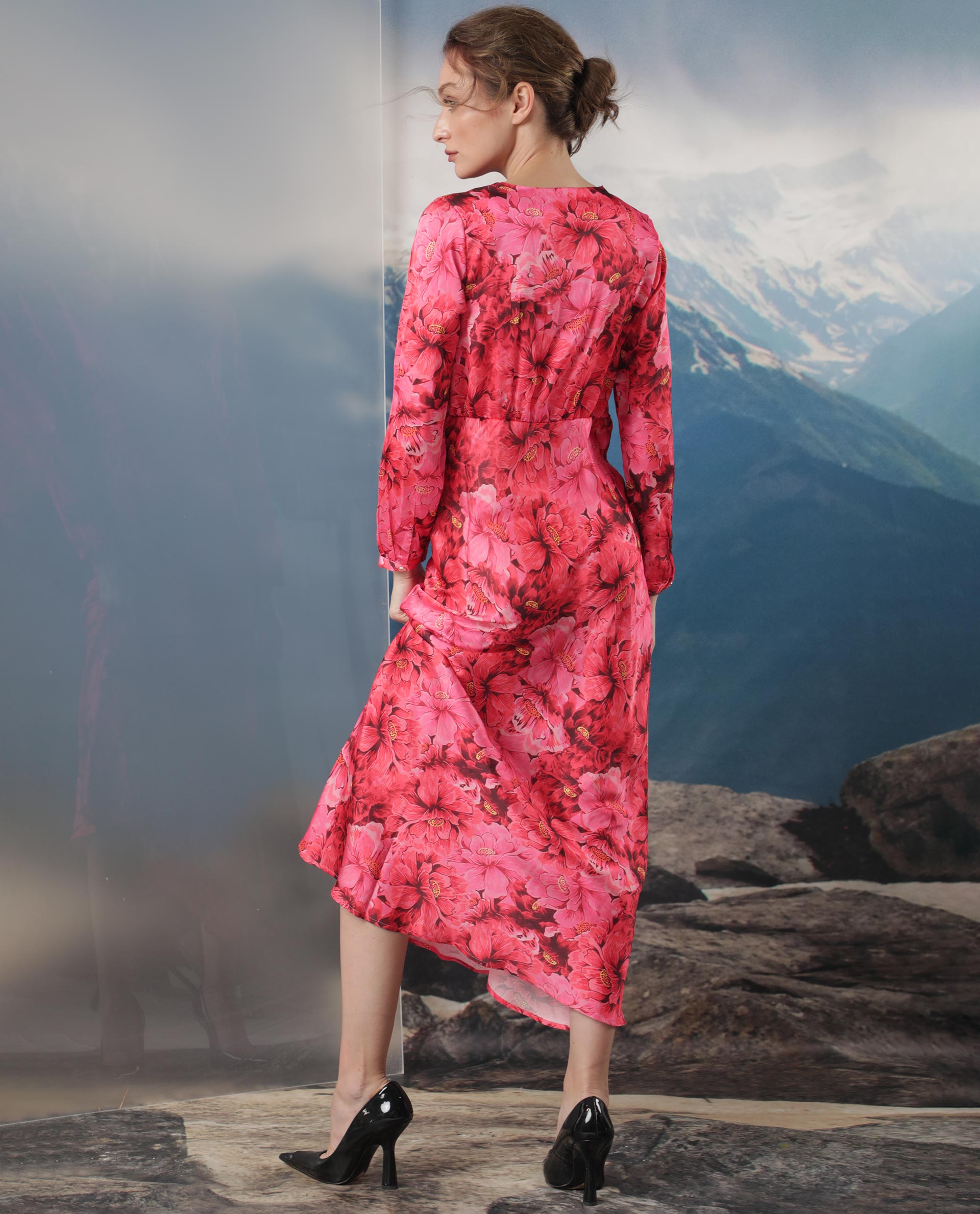 Rareism Women Merlot Maroon Cotton Fabric Full Sleeves V-Neck Regular Fit Floral Print Maxi Empire Dress