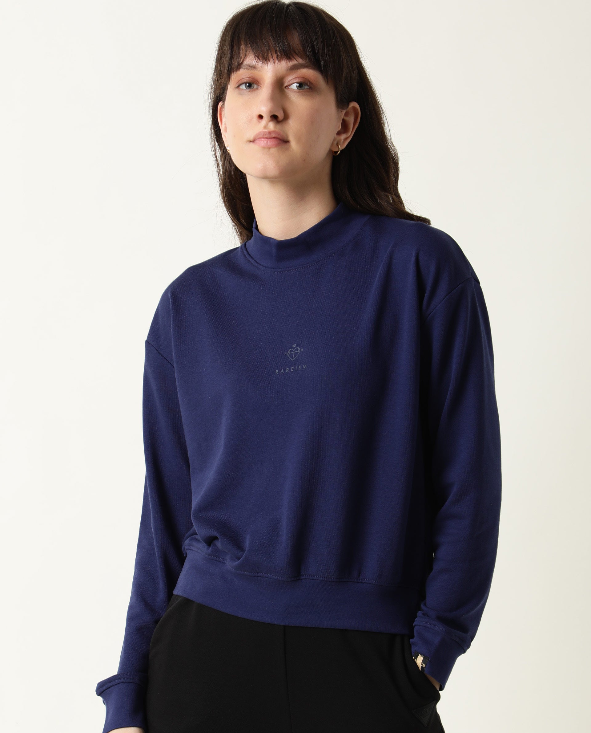 Rareism Women Necker Blue Relaxed Fit Full Sleeves Solid High Neck Sweatshirt