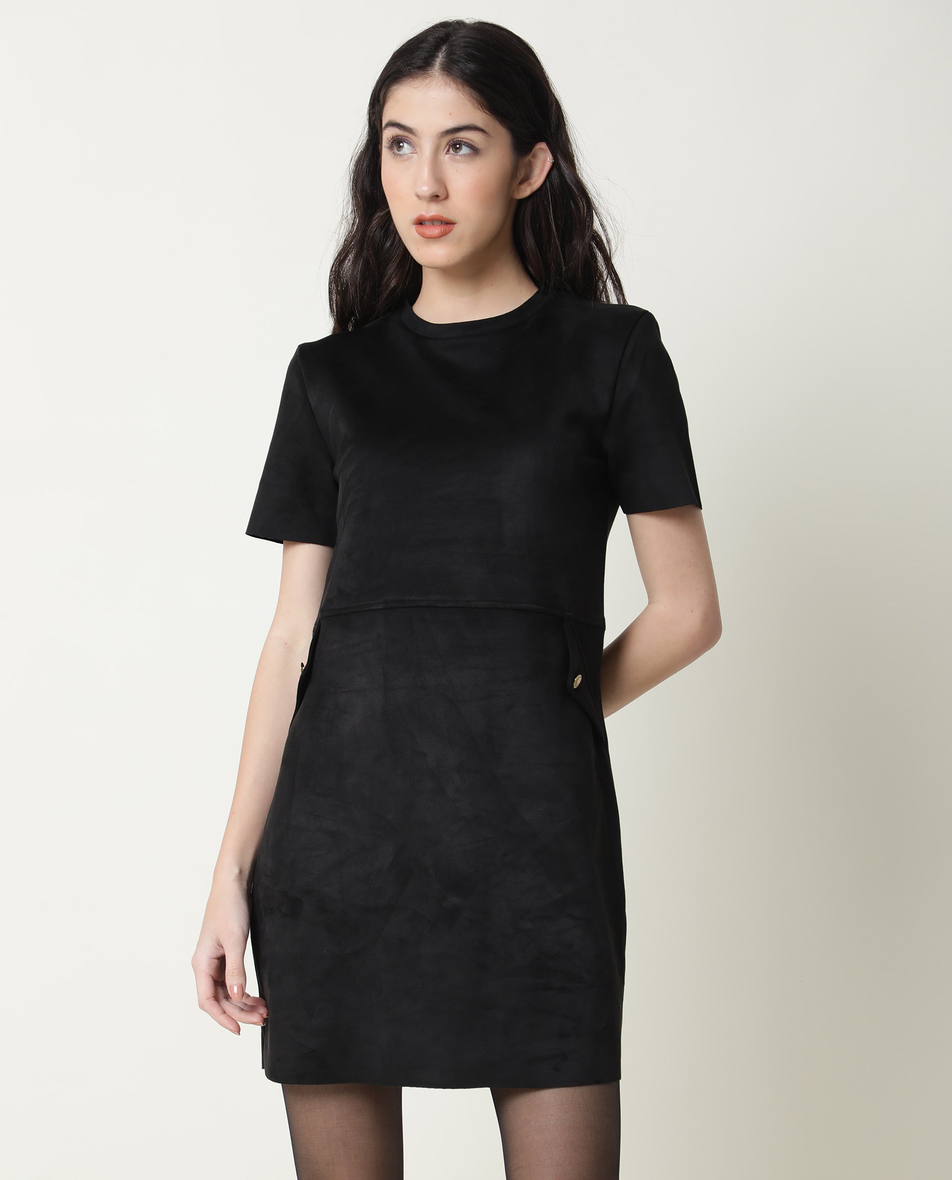 Rareism Women Sions Black Round Neck Short Sleeves Mini Dress