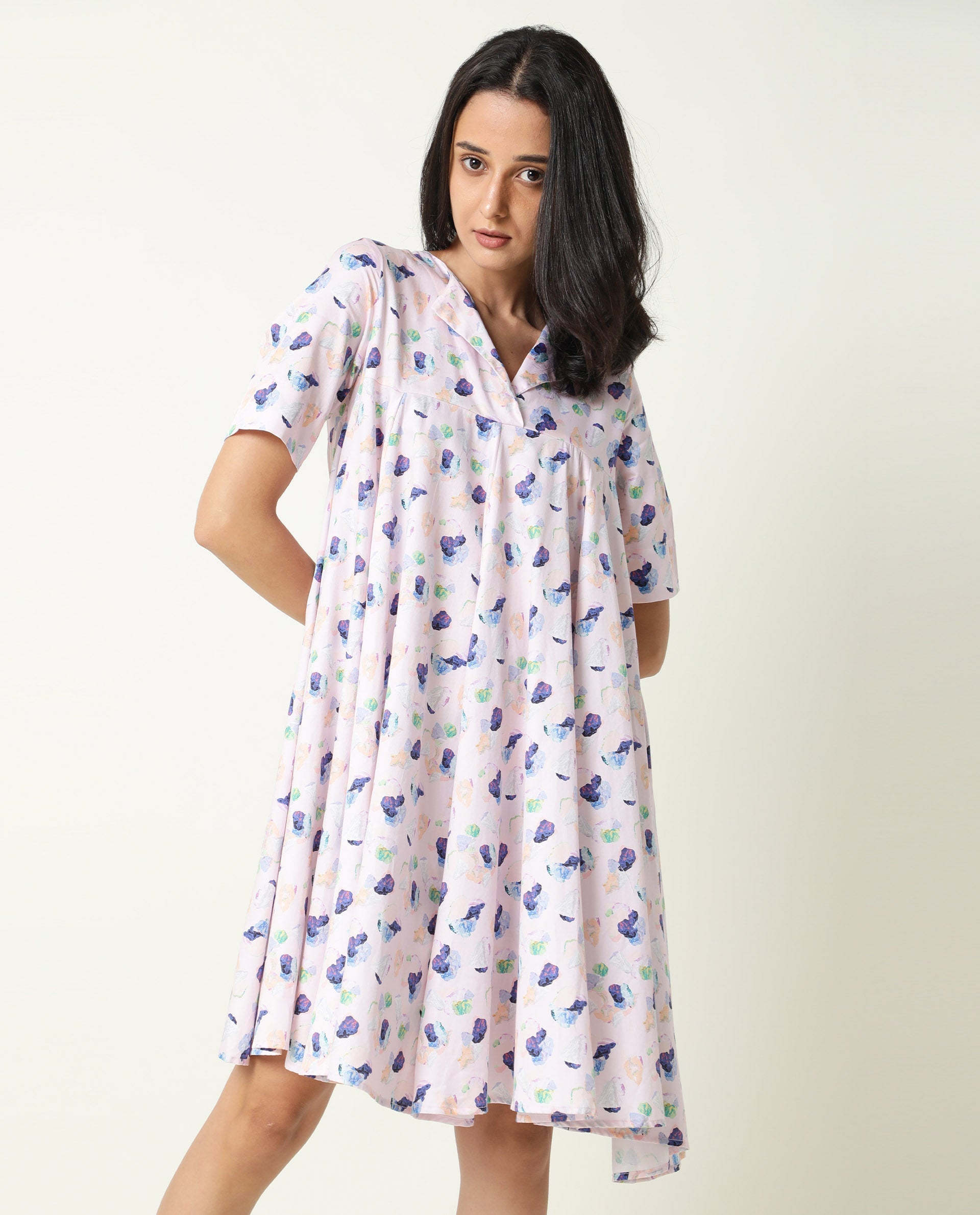 Rareism Women Allia Pink Printed Overlap Lapel Collar Short Sleeves Flared Mini Dress