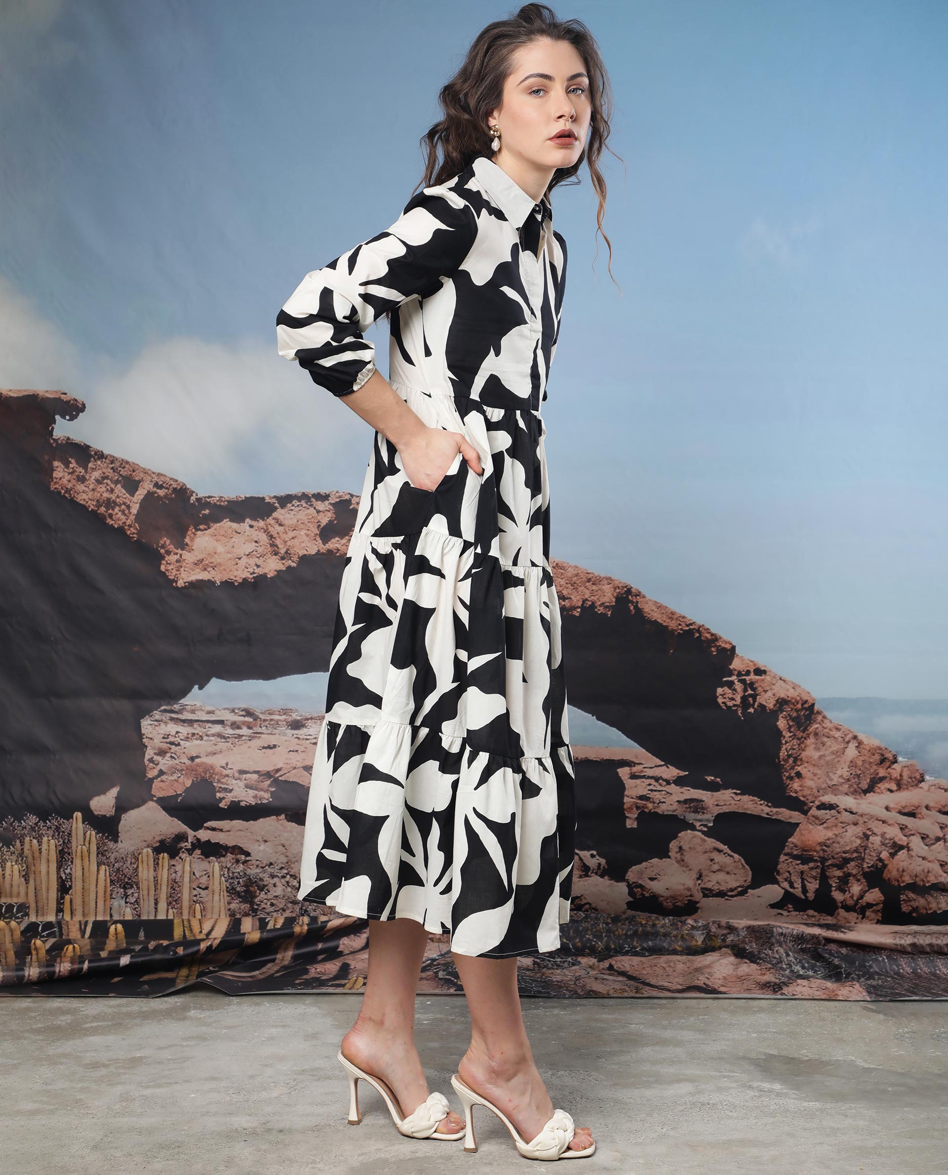 Rareism Women Susan Black Dress Cotton Fabric Print