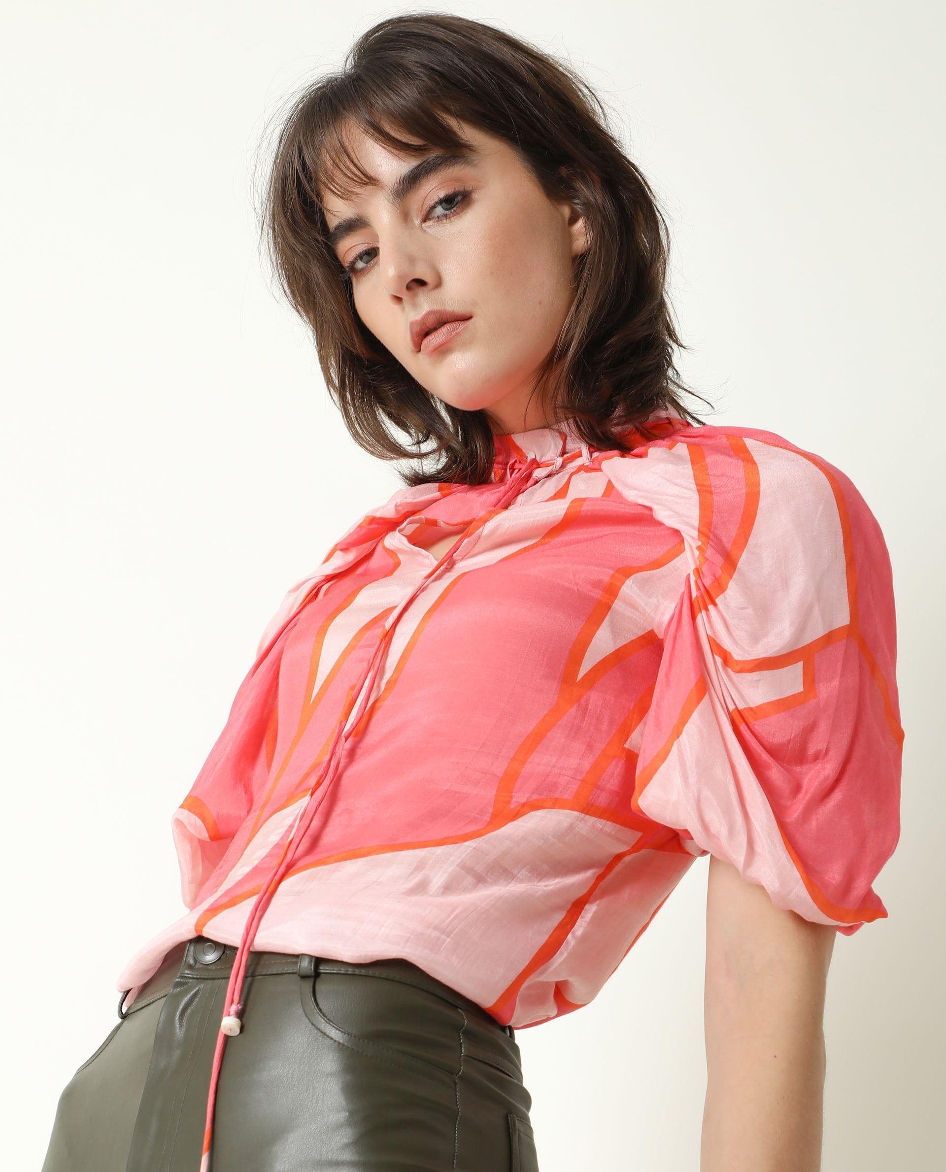 Rareism Women Theos Pink Cotton Silk Fabric Flared V-Neck Half Sleeves Abstract Print Top