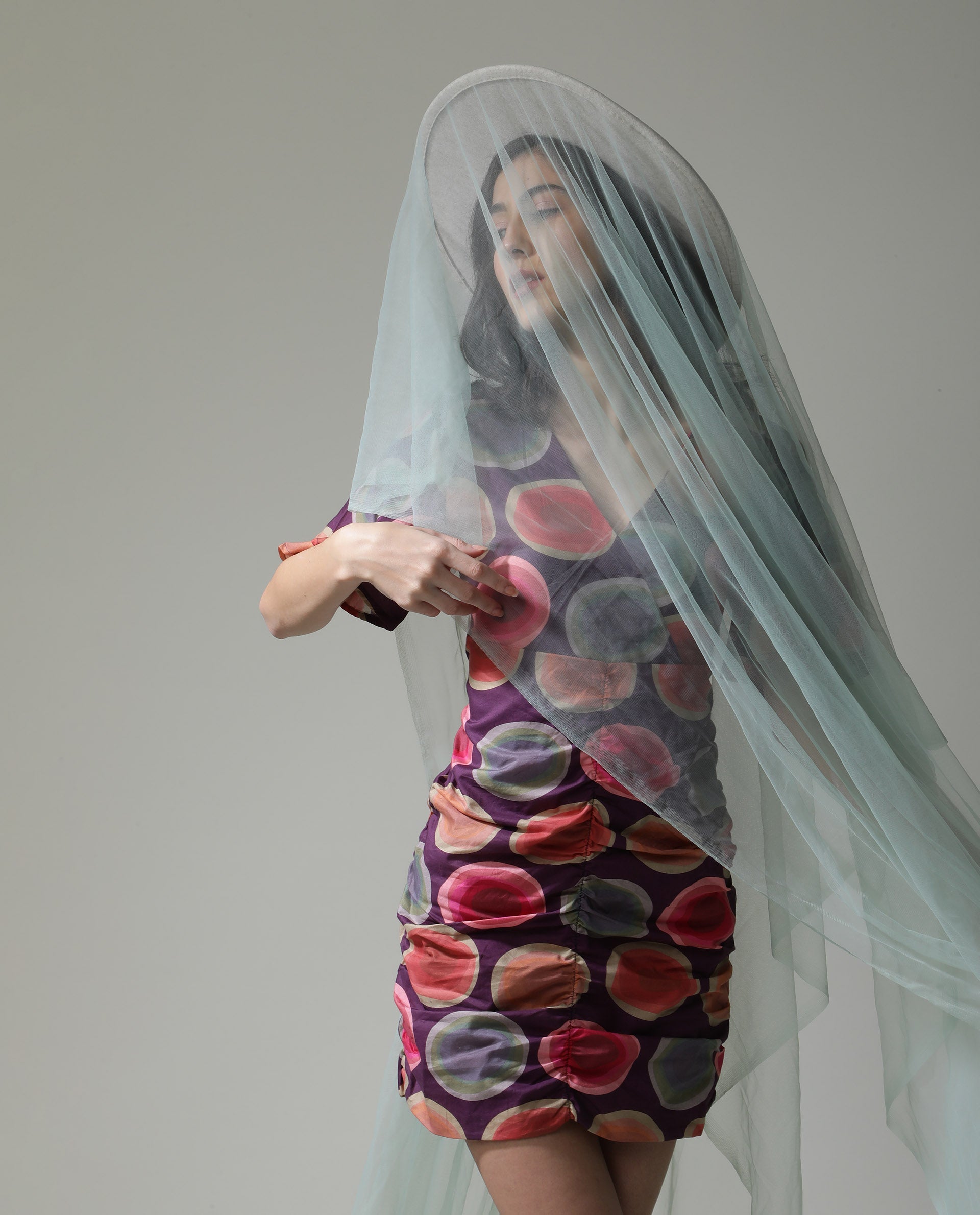 Rareism Women Anjou Purple Polka Dots Overlap Neck Half Sleeves Ruching At Sides And Back Mini Dress