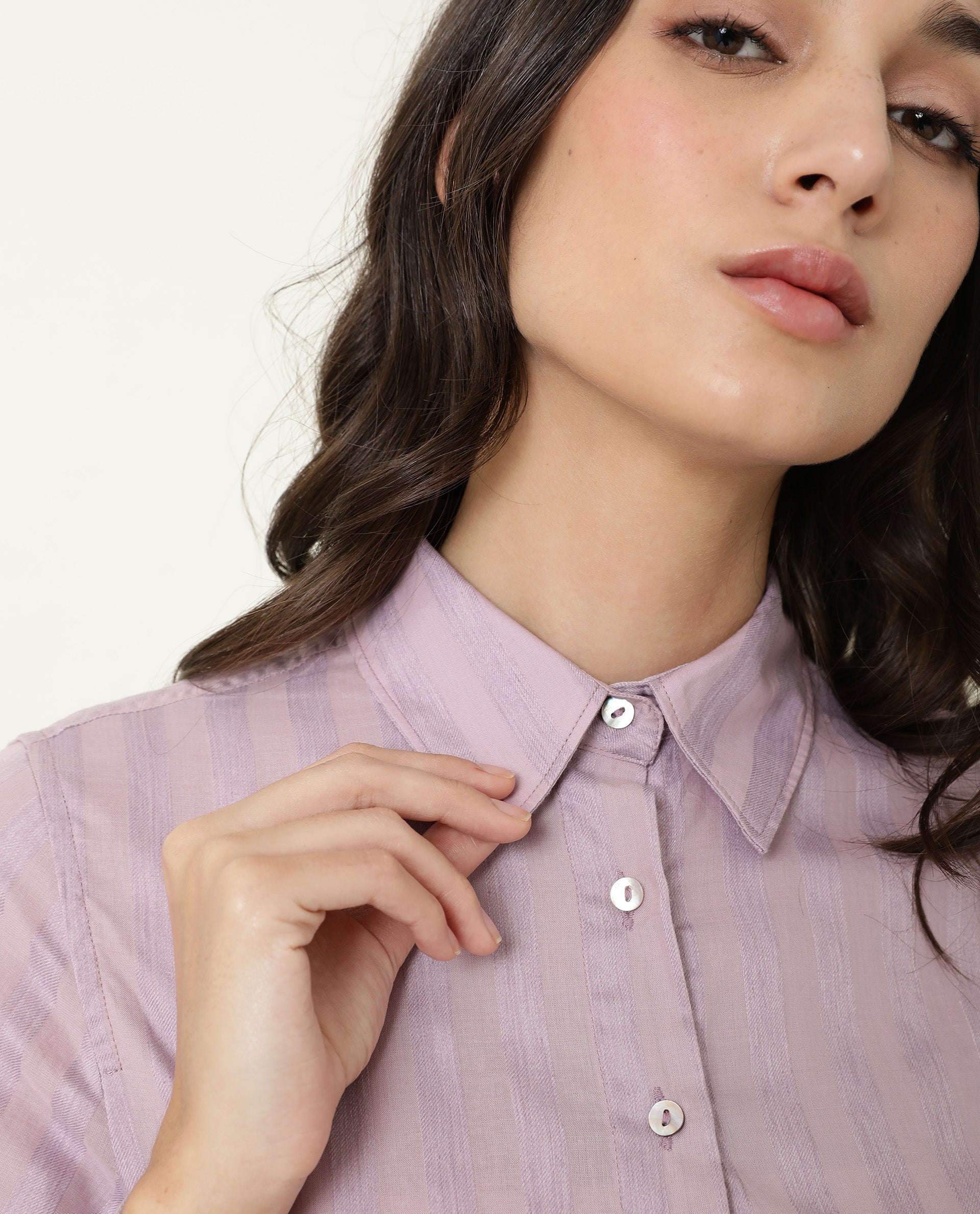 Rareism Women Pickle Pink Cotton Fabric Regular Fit Shirt Collar Full Sleeves Striped Top