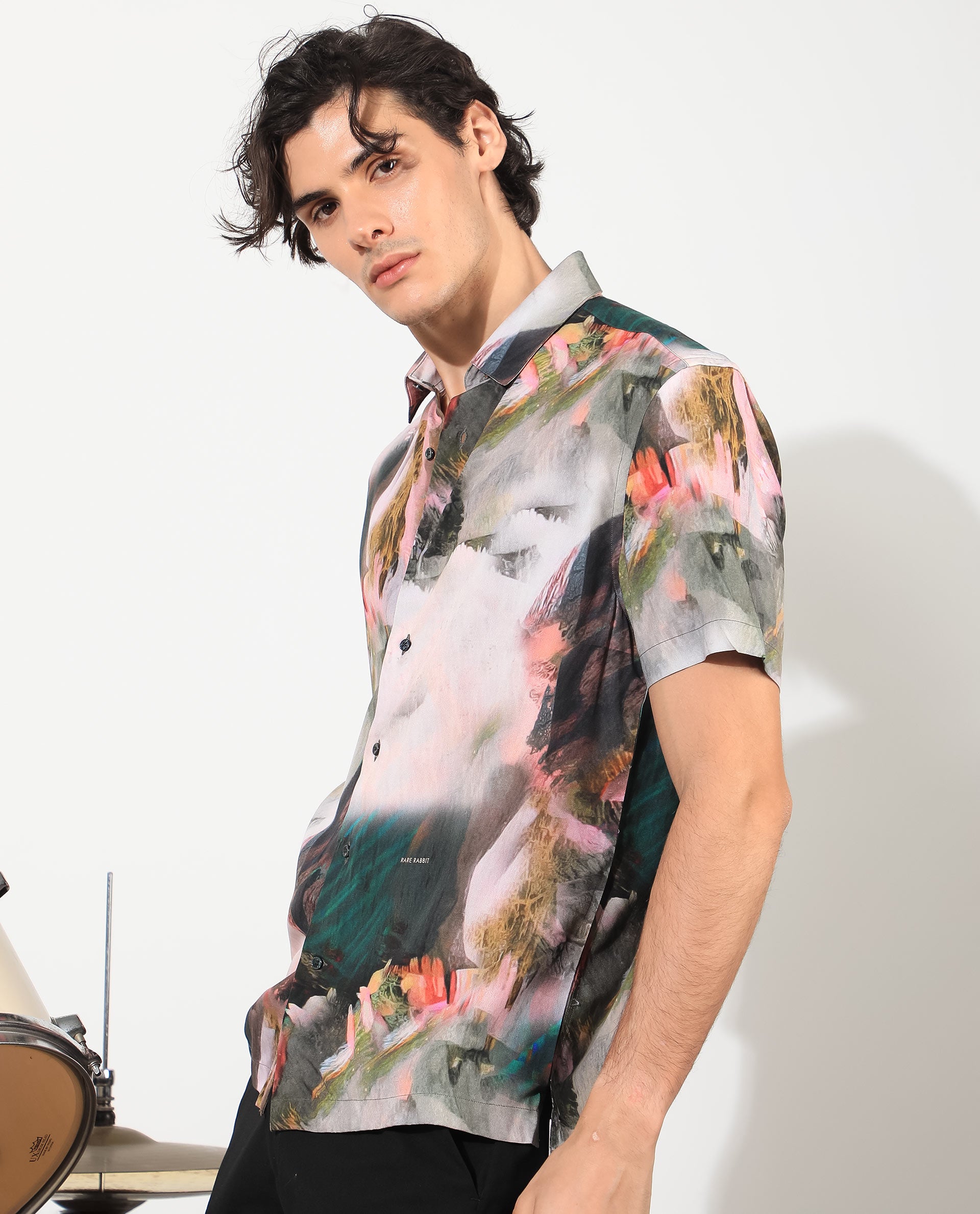 Rare Rabbit Men's Painter Green Viscose Fabric Half Sleeves Abstract Print Shirt