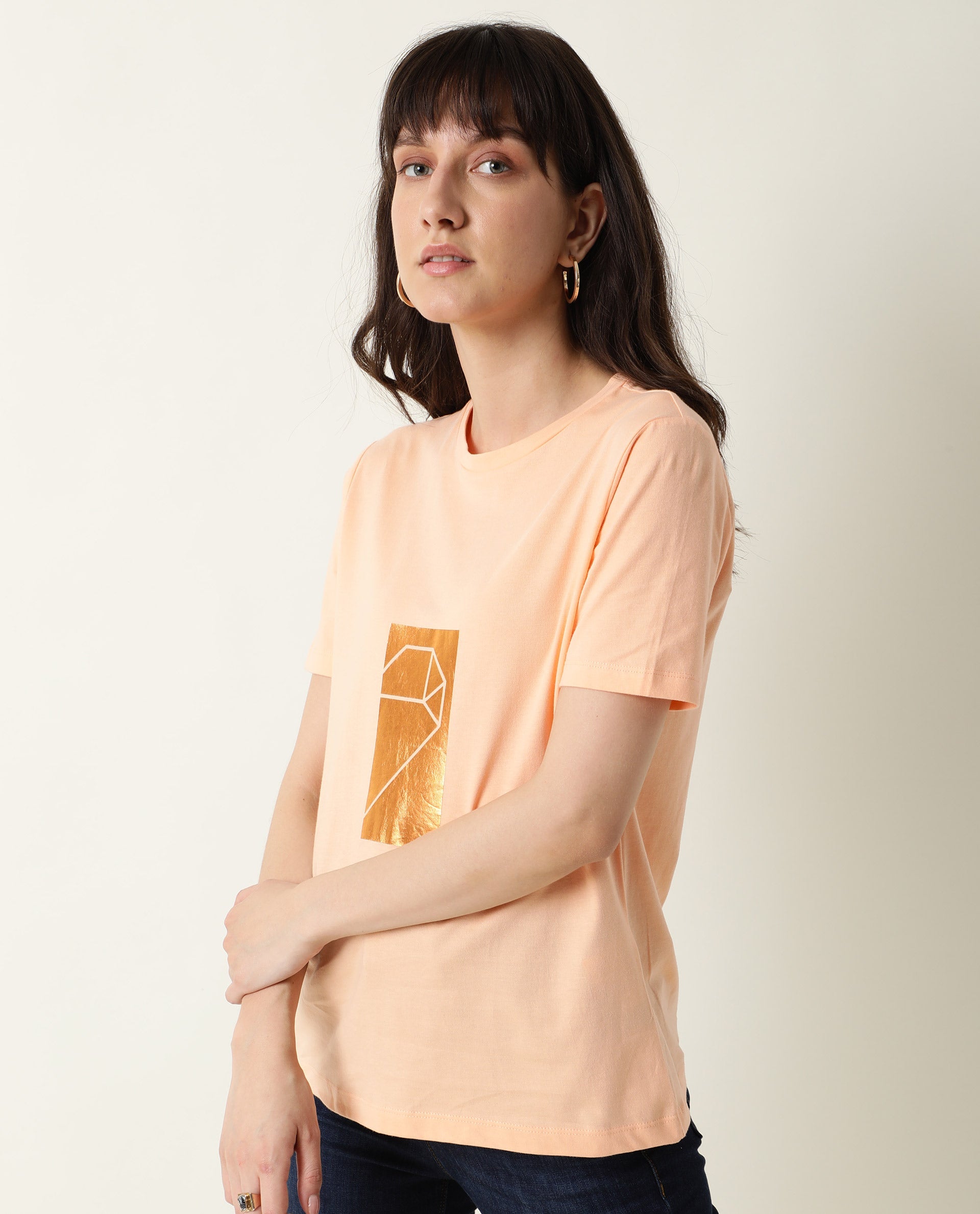 Rareism Women Gulf Light Peach Cotton Fabric Regular Fit Half Sleeves Graphic Print Crew Neck T-Shirt