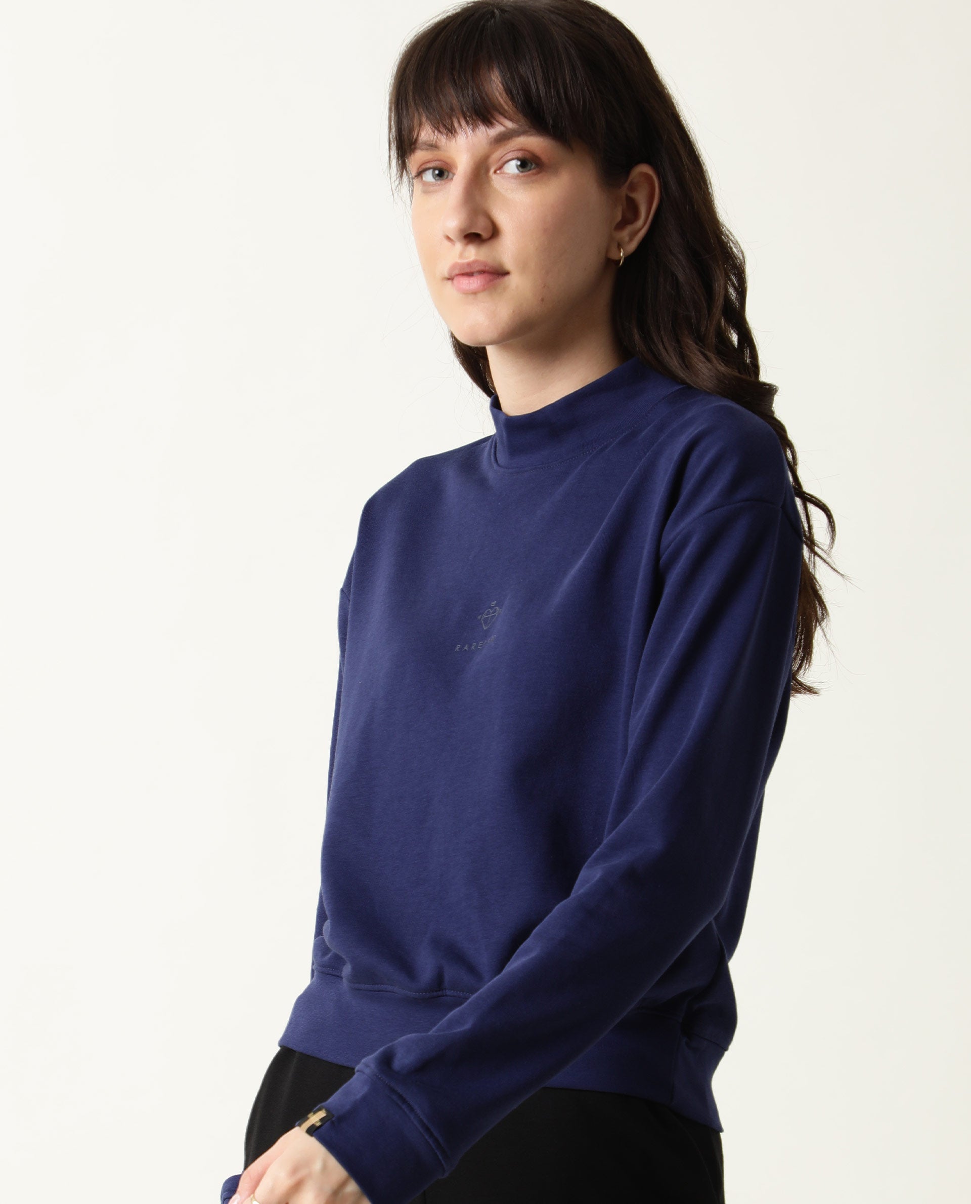 Rareism Women Necker Blue Relaxed Fit Full Sleeves Solid High Neck Sweatshirt