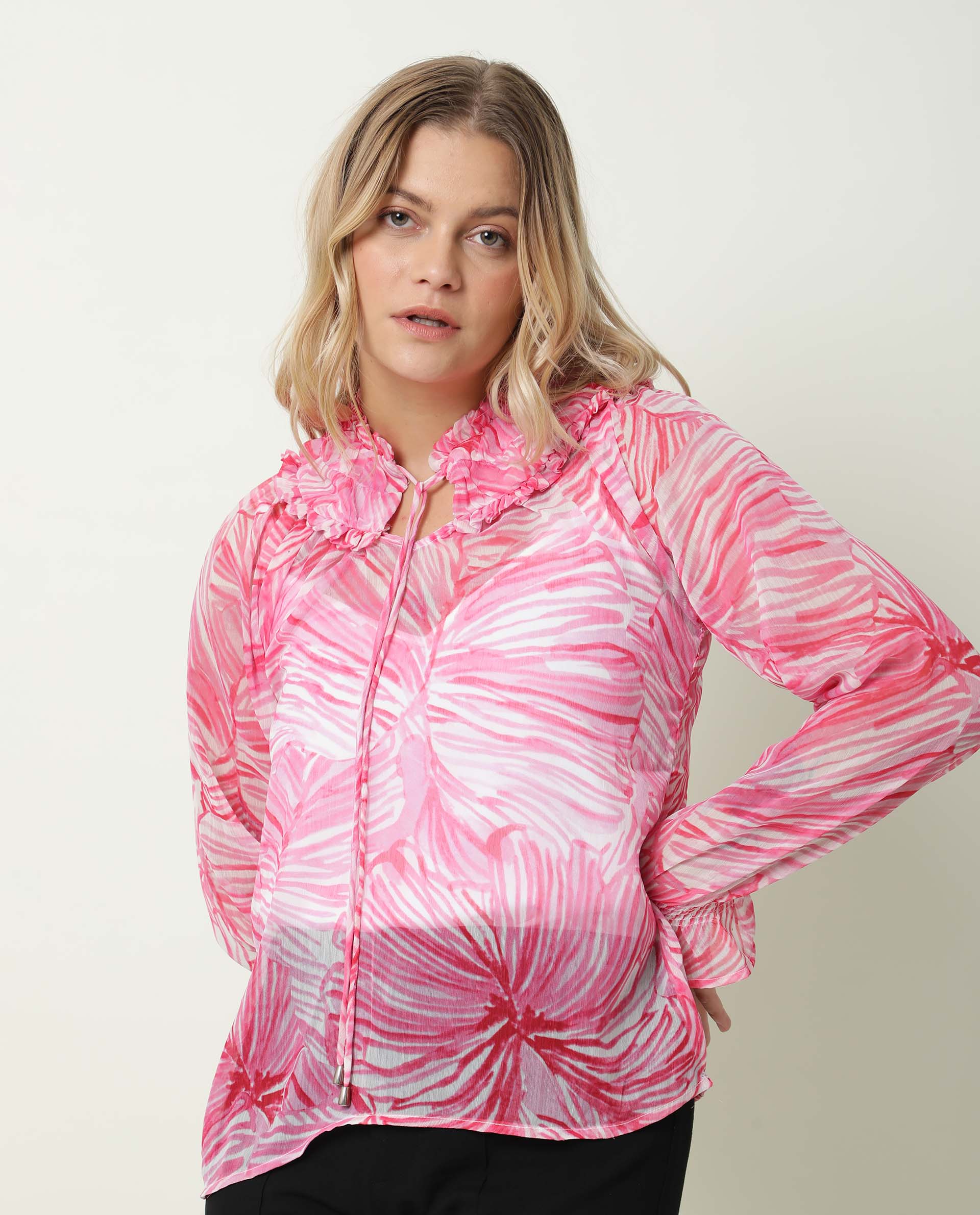 Rareism Womens Tonal Pink Top Viscose Fabric Regular Fit Balloon Sleeve Ruffled Neck