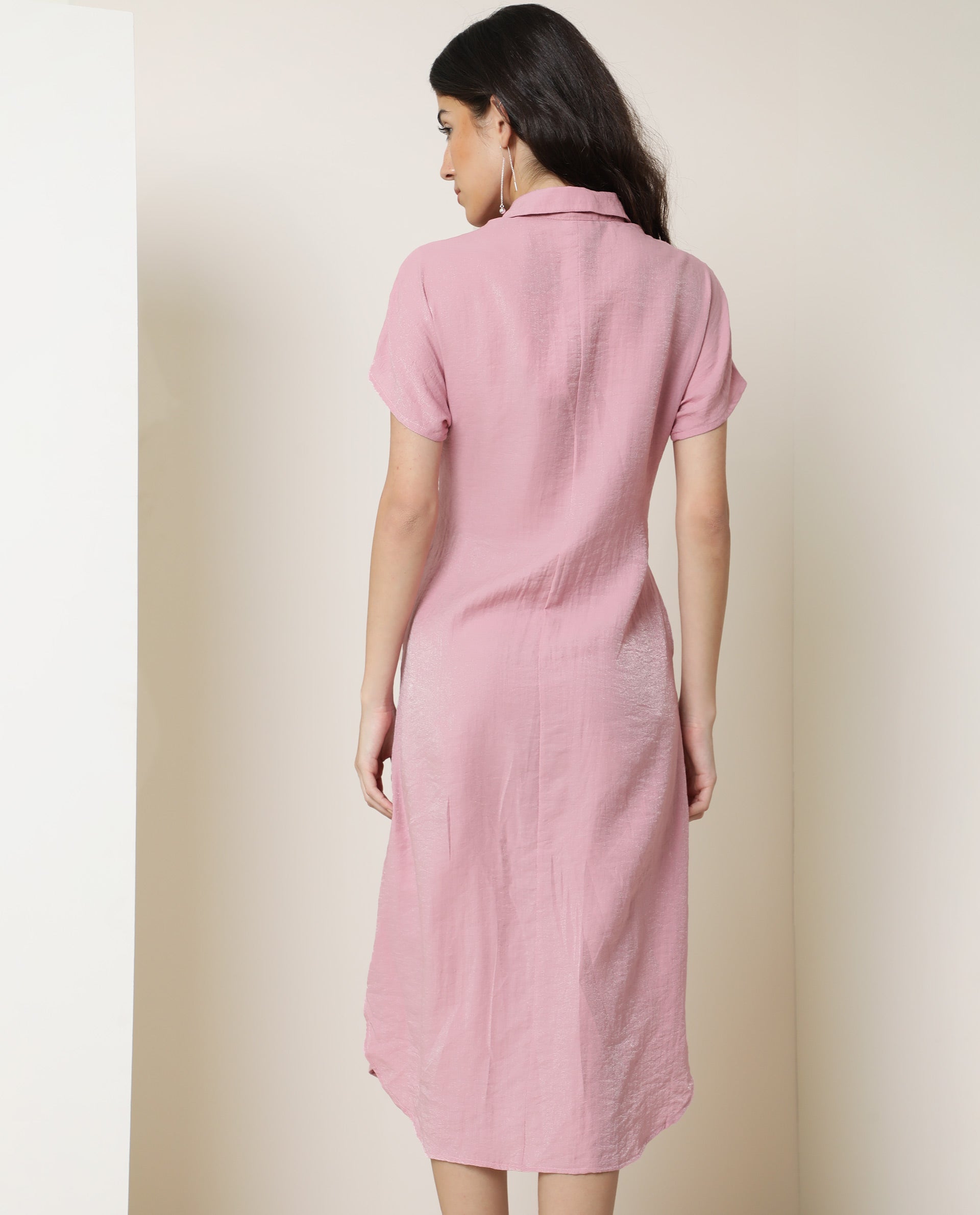 Rareism Women Kori Metallic Pink Shirt Collar Short Sleeve Front Button Closure Placket Fabric Waist Belt Pocket Midi Dress