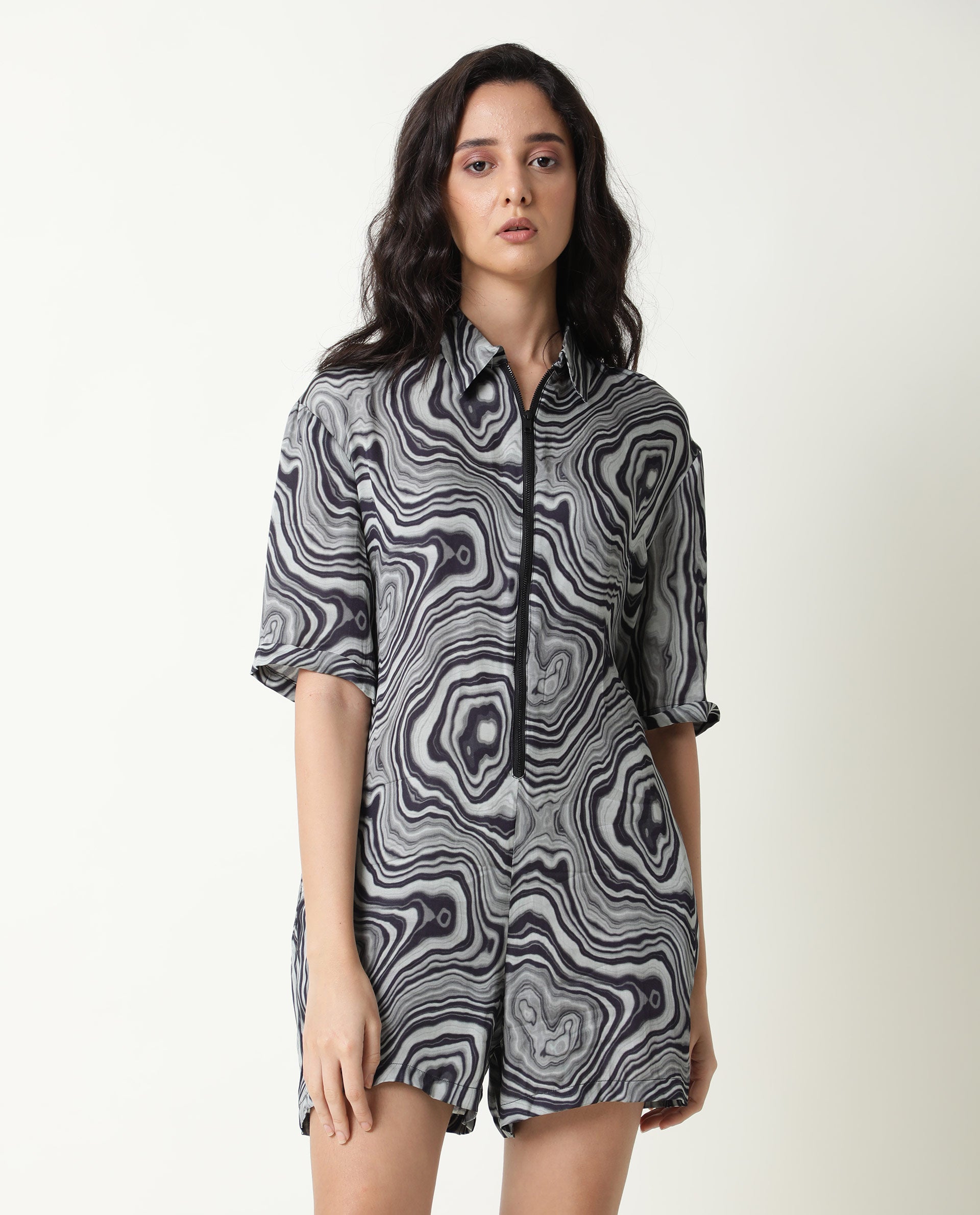 Rareism Women Santa Black Modal Satin Fabric Regular Fit Shirt Collar Abstract Print Playsuit