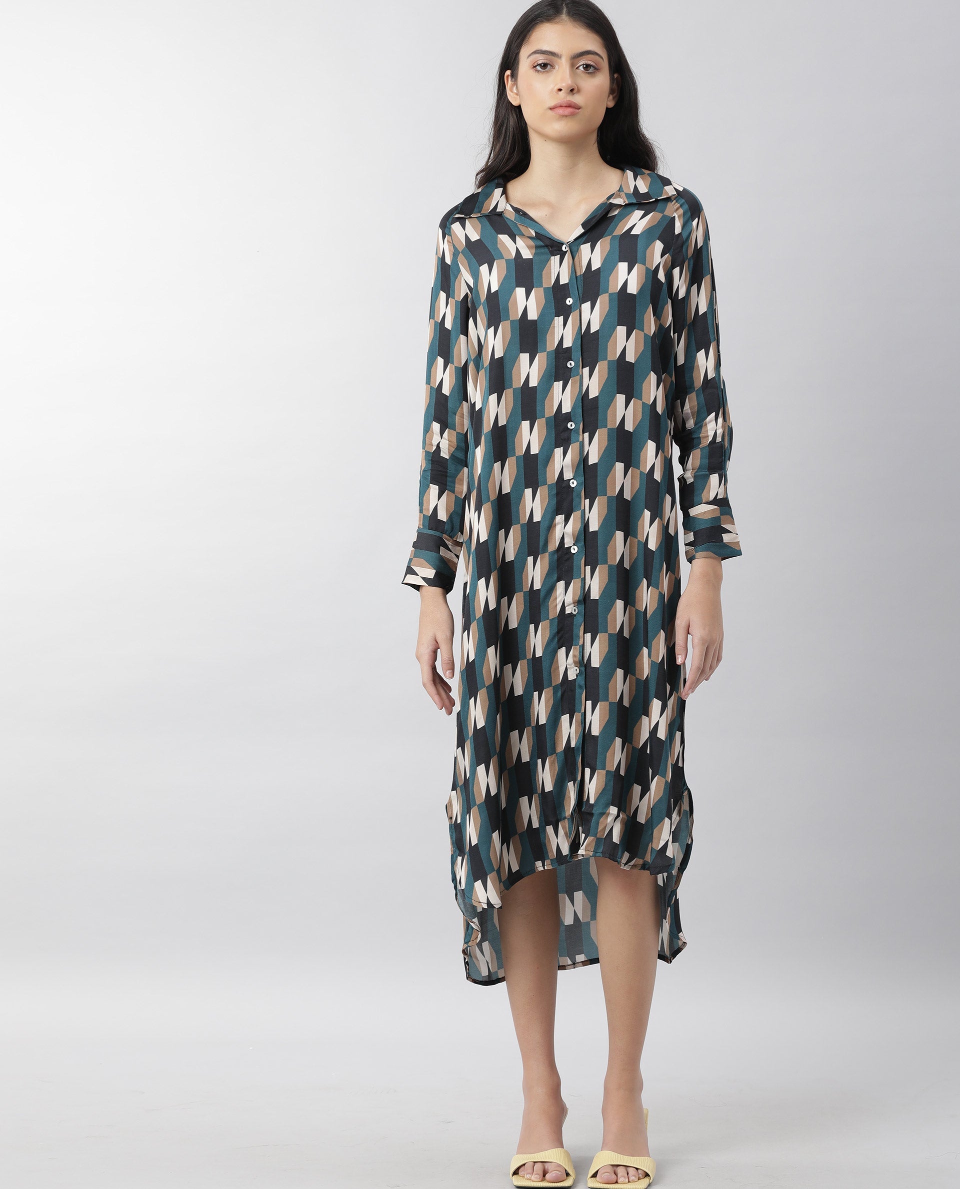 Rareism Womens Satarry Black Dress Modal Fabric Regular Fit Full Sleeve Collared Neck