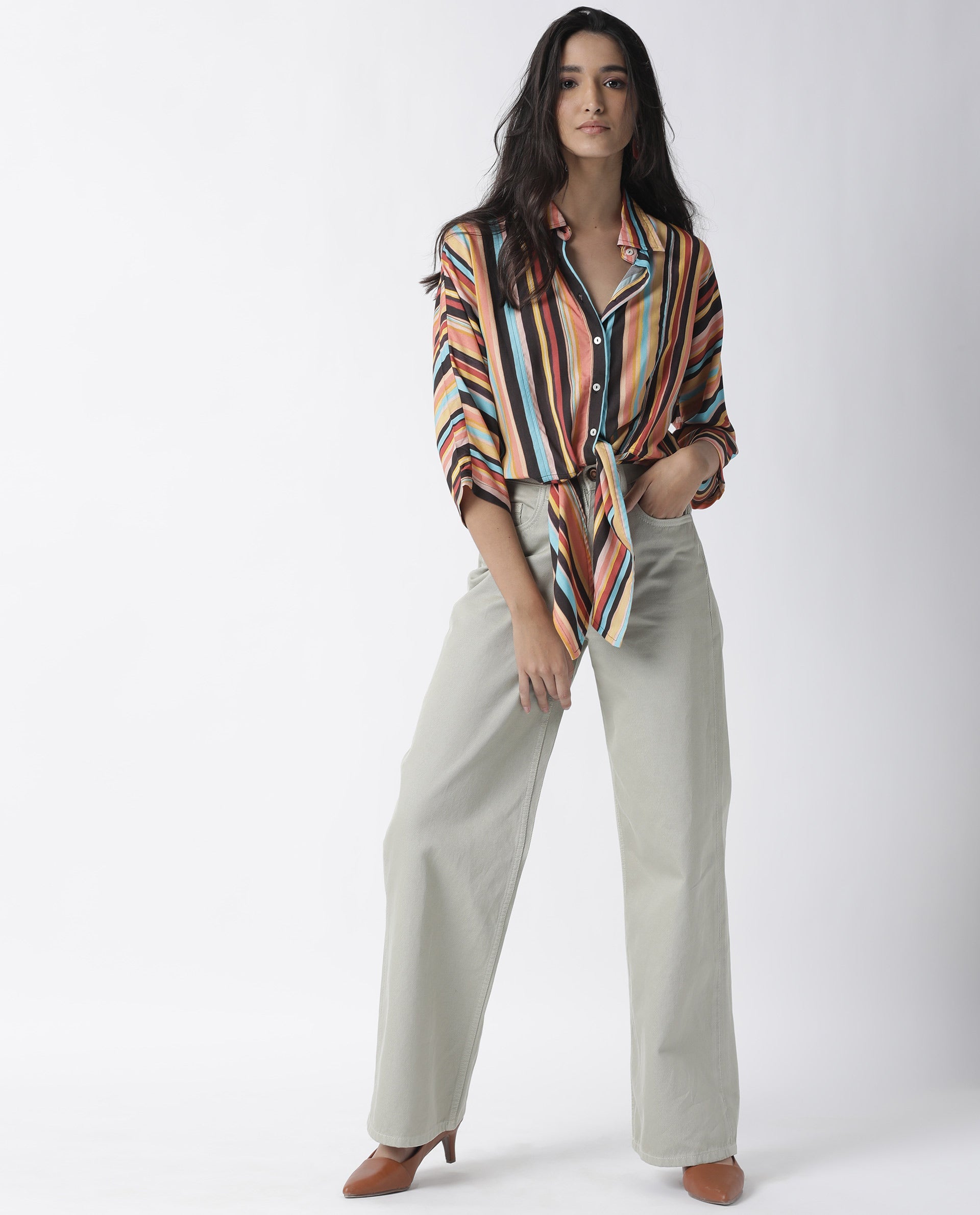 Rareism Womens Drumroll Multi Top Viscose Fabric Regular Fit 3/4 Sleeve Collared Neck