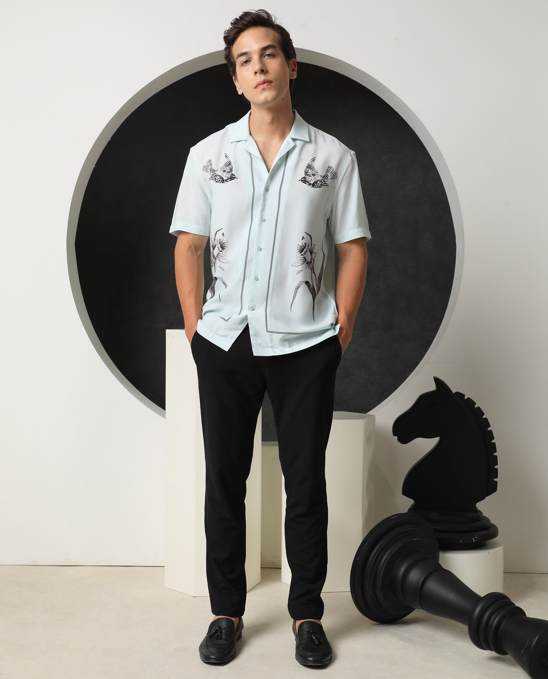 Rare Rabbit Men's Nicaro Turq Viscose Fabric Floral Print Half Sleeves Shirt