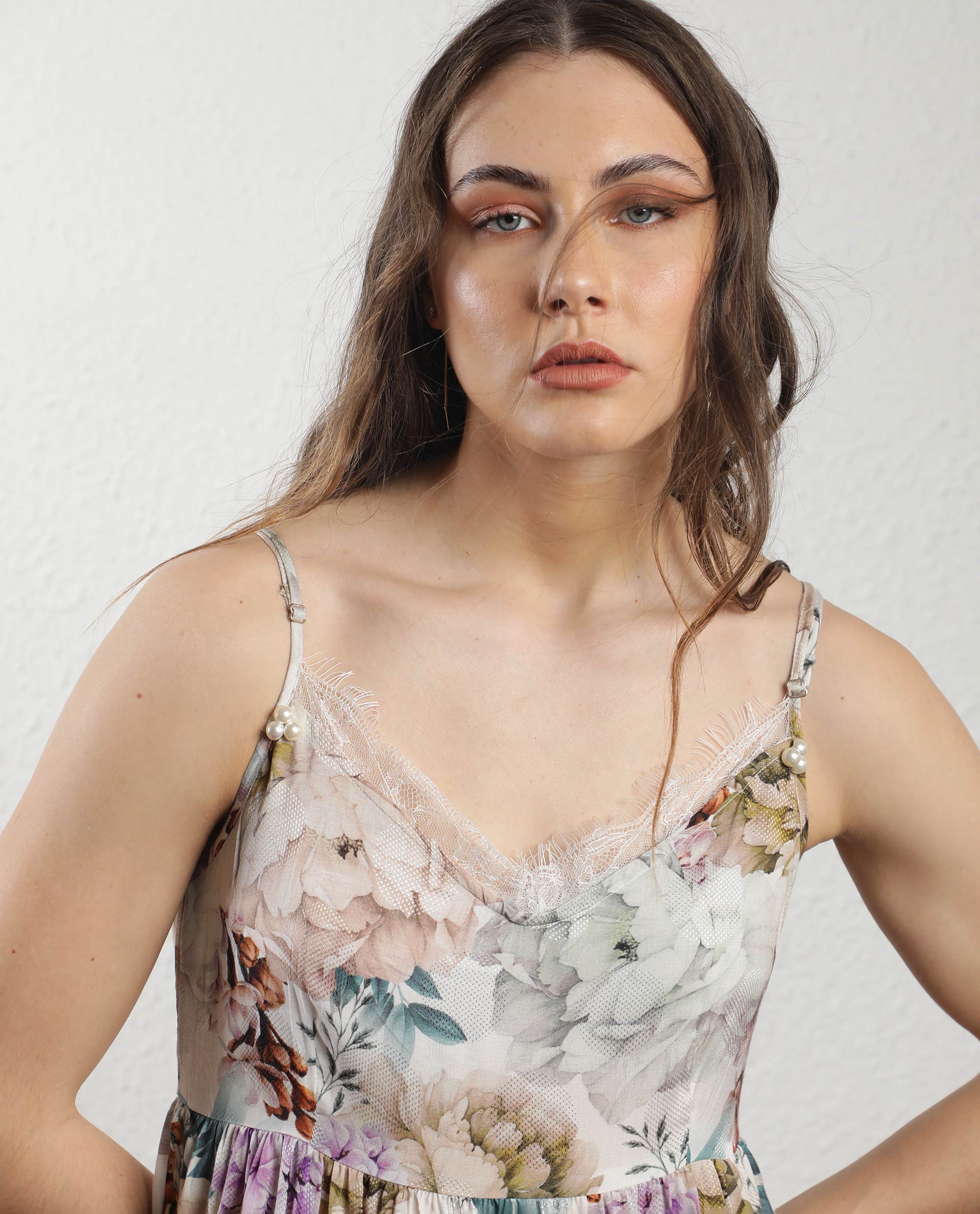 Rareism Women Joanna Multi Cotton Fabric Sleeveless V-Neck Shoulder Straps Regular Fit Floral Print Midi Tiered Dress