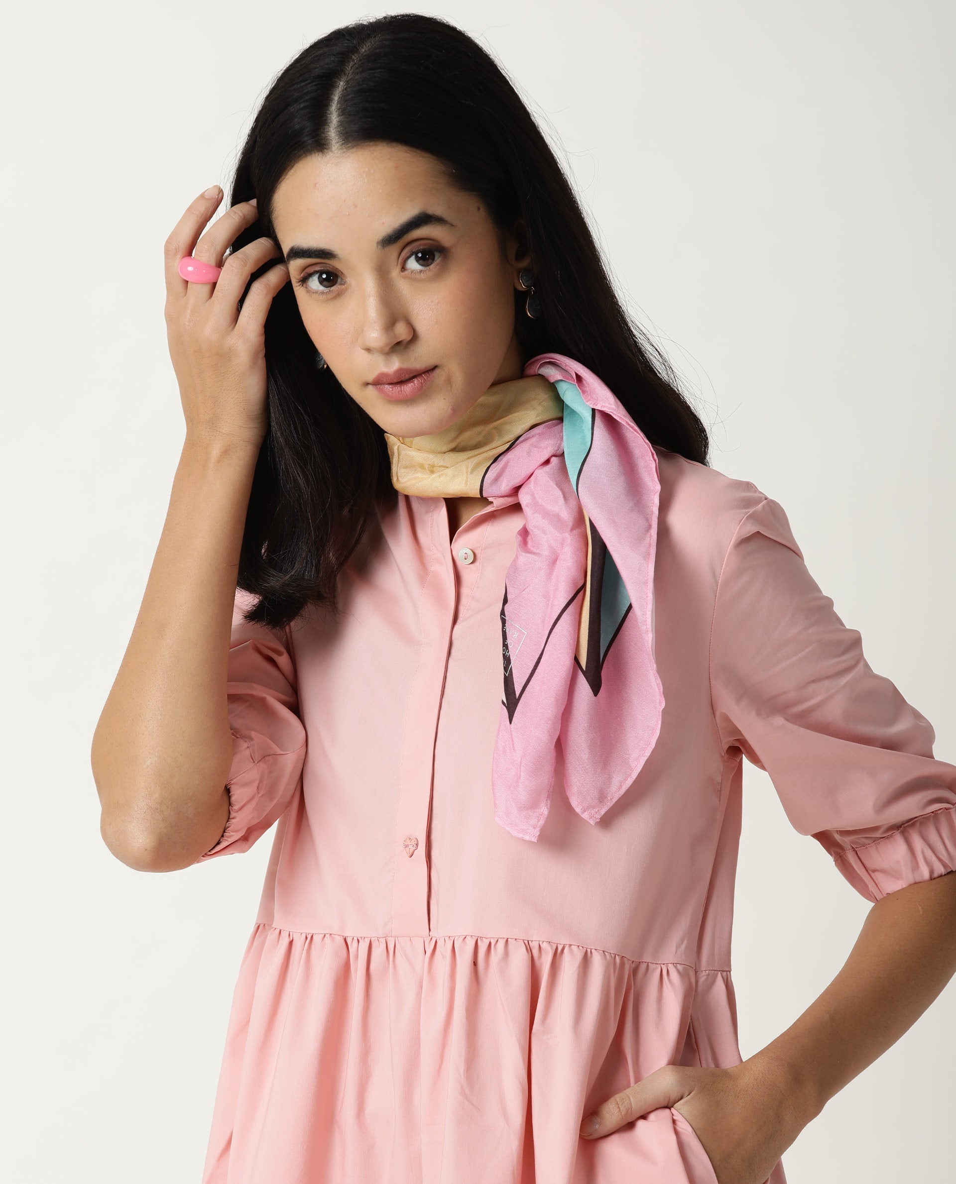 Rareism Women Alena Pink Mandarin Collar 3/4 Sleeves With Pocket Tiered Knee Length Dress