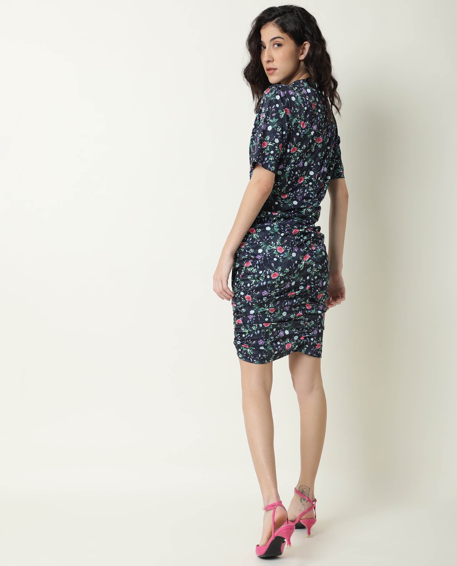 Rareism Women John Navy Floral Print High Neck Short Sleeves Ruching At Sides And Back With Back Zip Closure Mini Dress