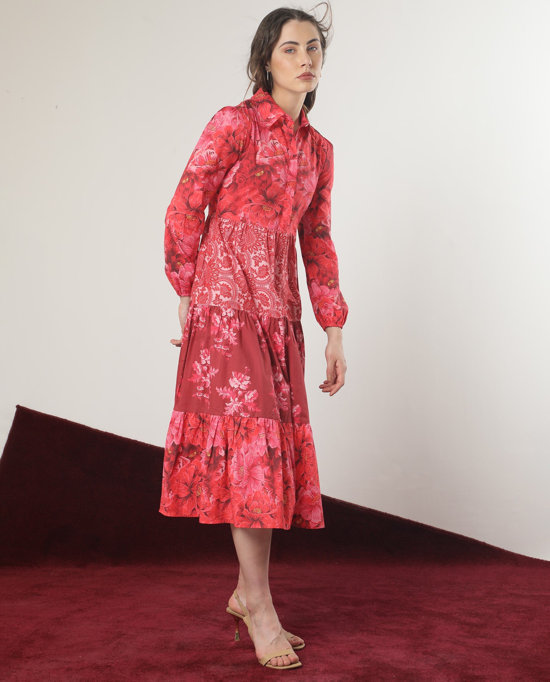 Rareism Women Ixora Maroon Cotton Fabric Full Sleeves Button Closure Shirt Collar Regular Fit Floral Print Knee Length Tiered Dress