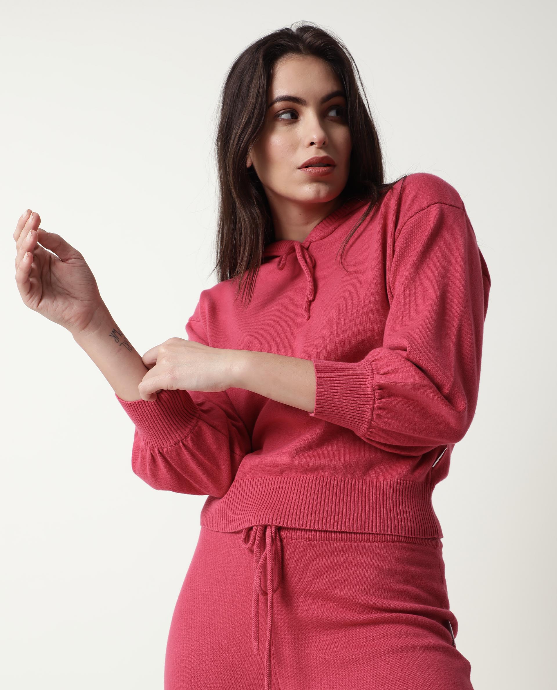 Rareism Women Finn Light Pink Cotton Fabric Straight Fit Full Sleeves Solid Hooded Track Suit