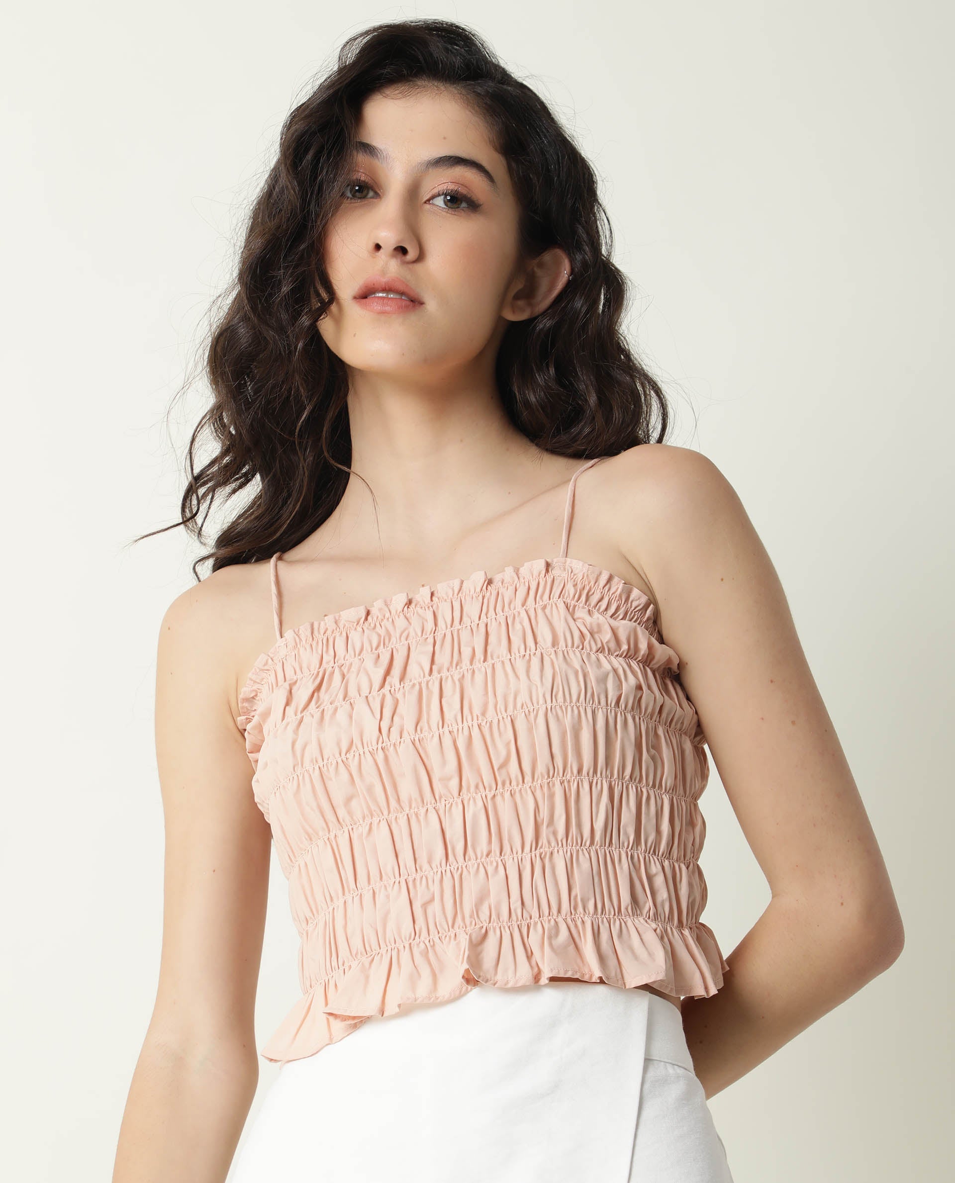 Rareism Womens Jaspersky Peach Top Cotton Fabric Sleeveless Square Neck