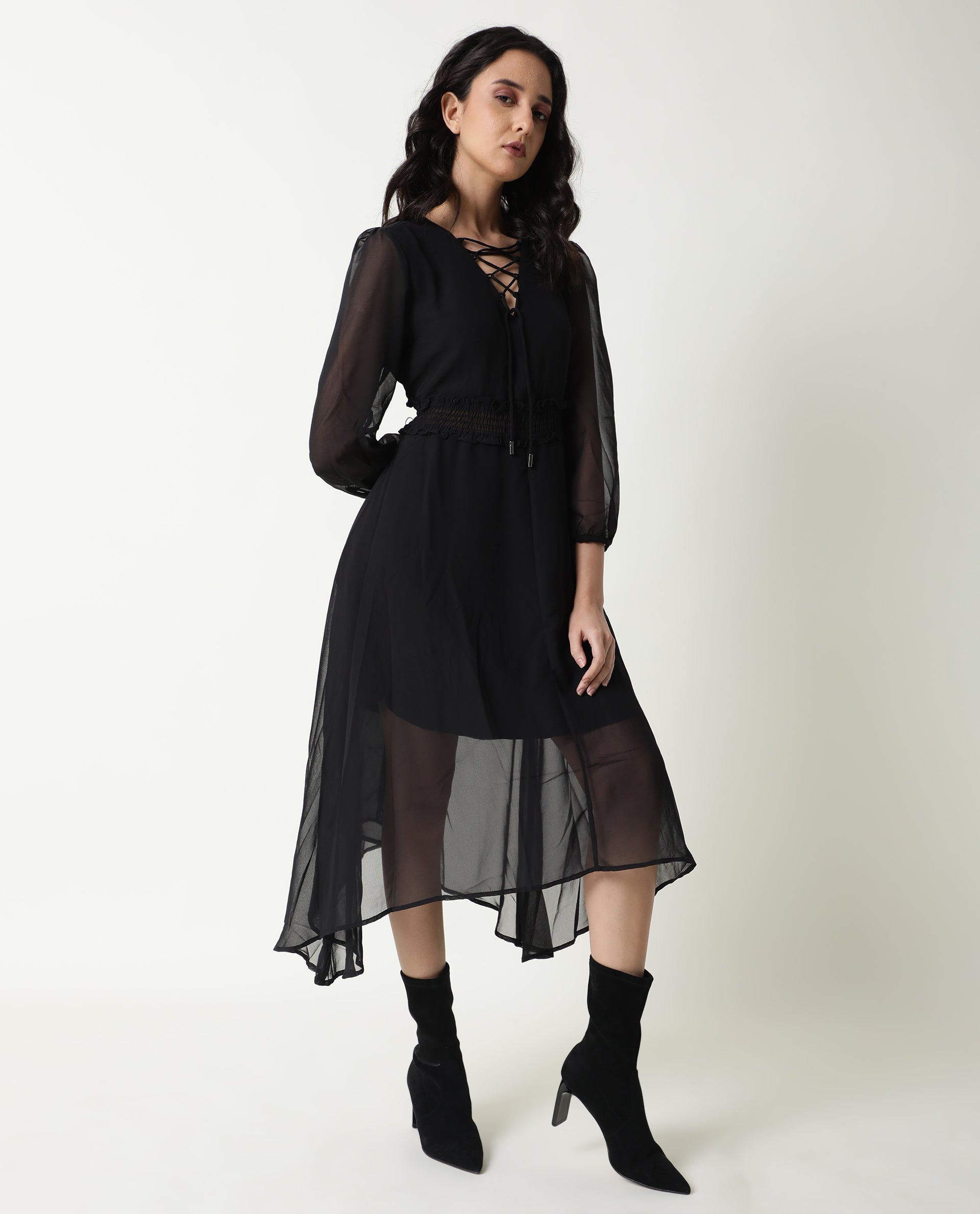 Rareism Women Ommet Black V Neck Criss Cross Tie Up Neckline Full Sleeve Smocked Waist Panel Asymmetric Knee Length Dress