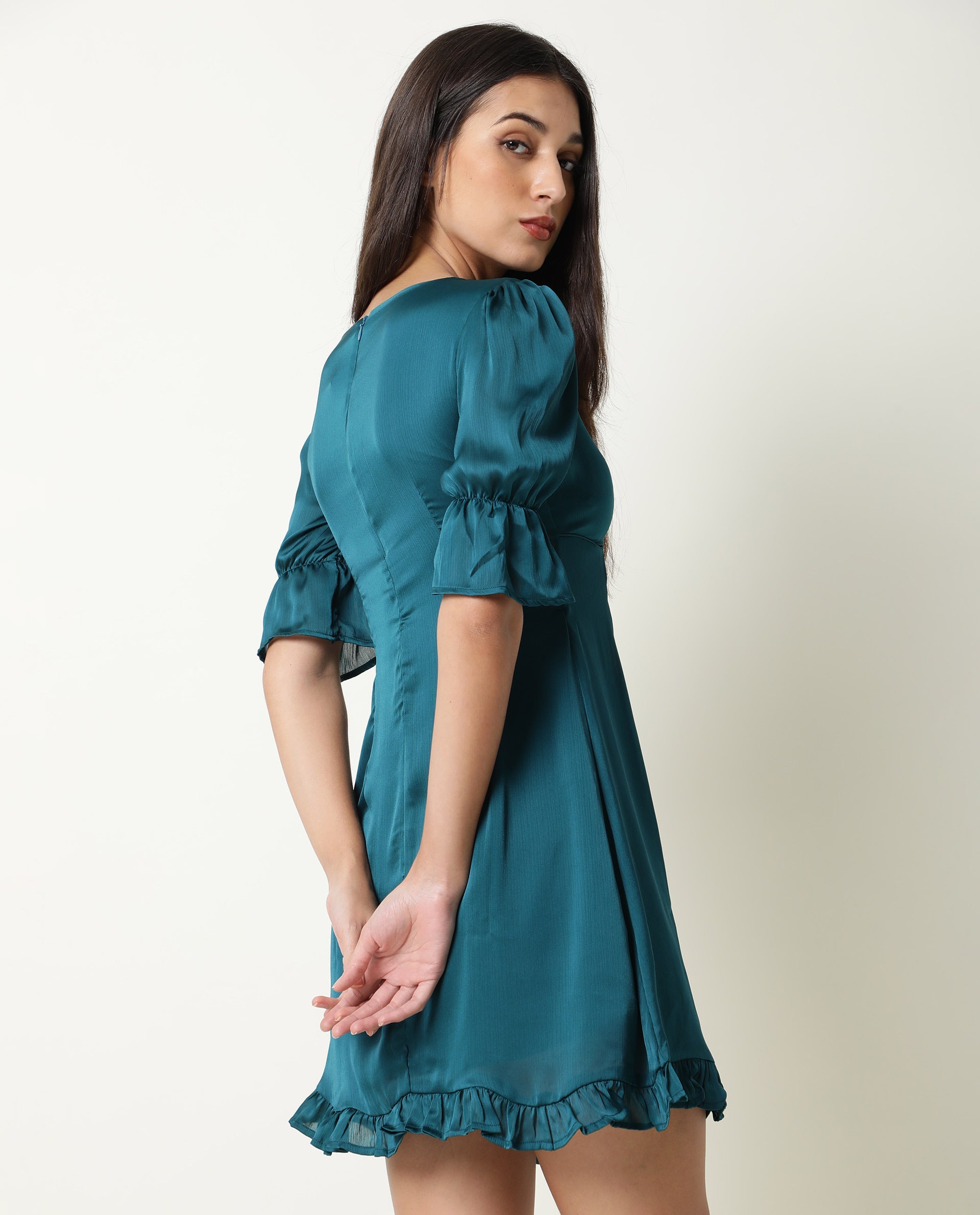 Rareism Women Betty Green V Neck Front Tie Up Short Puff Sleeves With Ruffled Hem Mini Dress