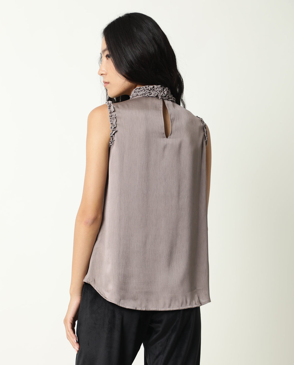 Rareism Womens Baileys Beige Top Polyester Fabric Sleeveless Ruffled Neck
