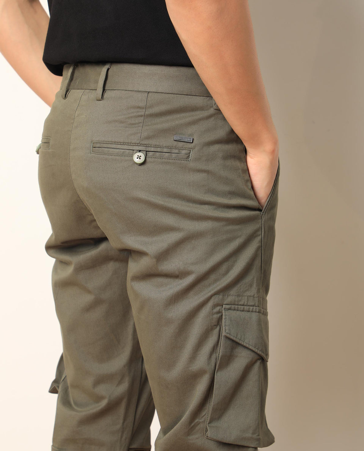 Rare Rabbit Men's Celu Olive Solid Mid-Rise Cargo Style Slim-Fit Trouser