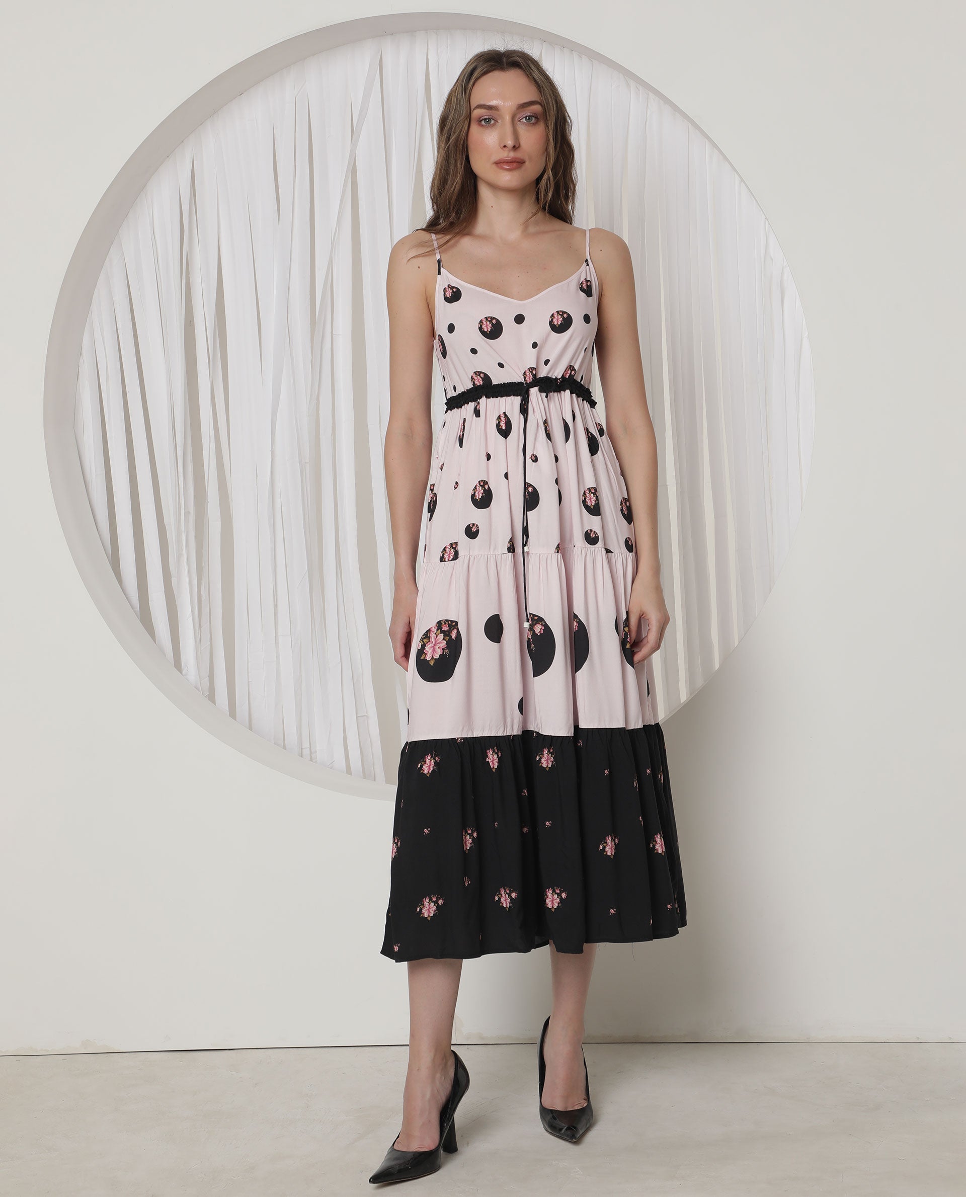 Rareism Women Lavandula Light Pink Polyester Fabric Sleeveless Shoulder Straps Relaxed Fit Polka Midi Tiered Dress