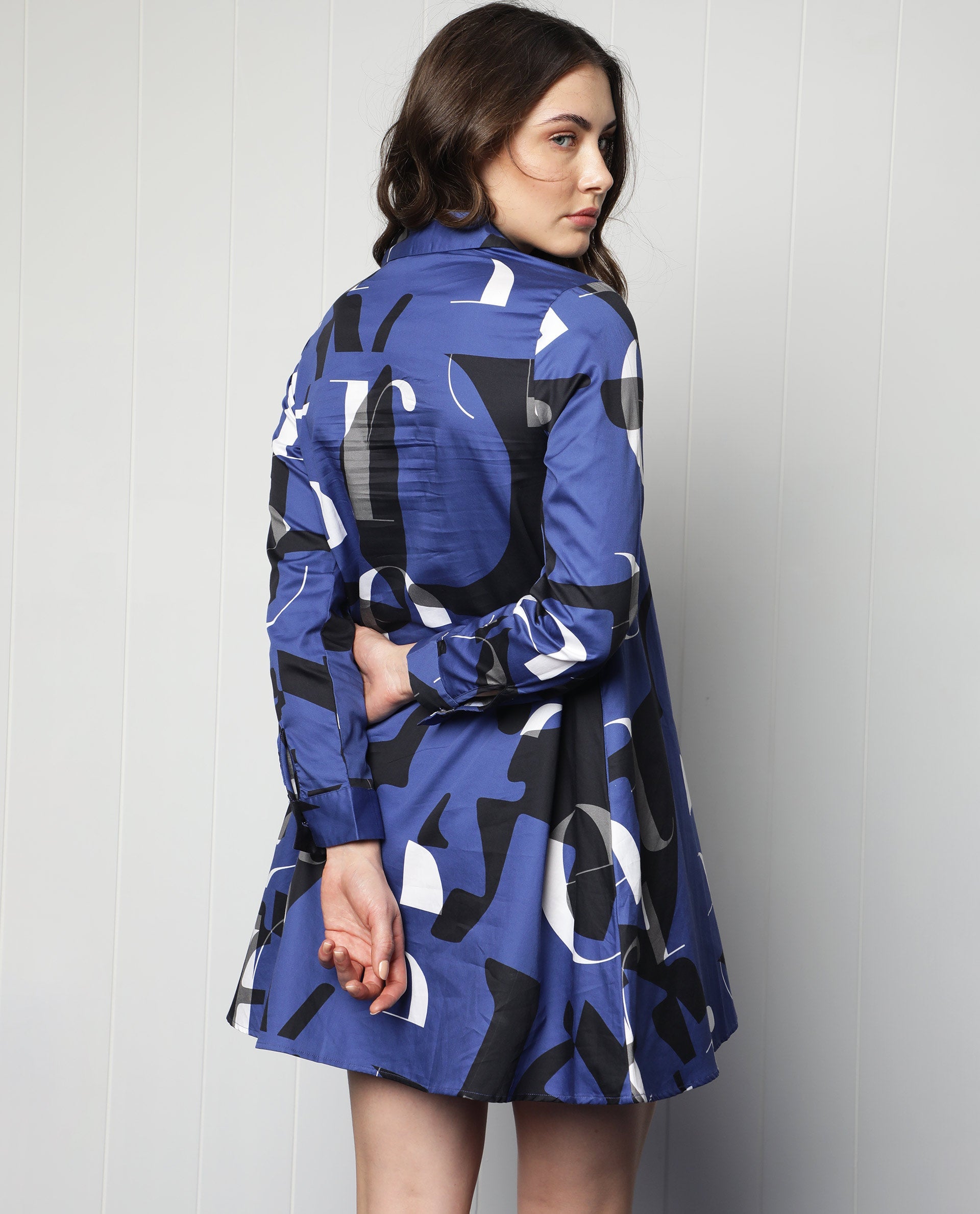 Rareism Women Macie Blue Cotton Fabric Full Sleeves Button Closure Mandarin Collar Regular Fit Graphic Print Knee Length Boxy Dress