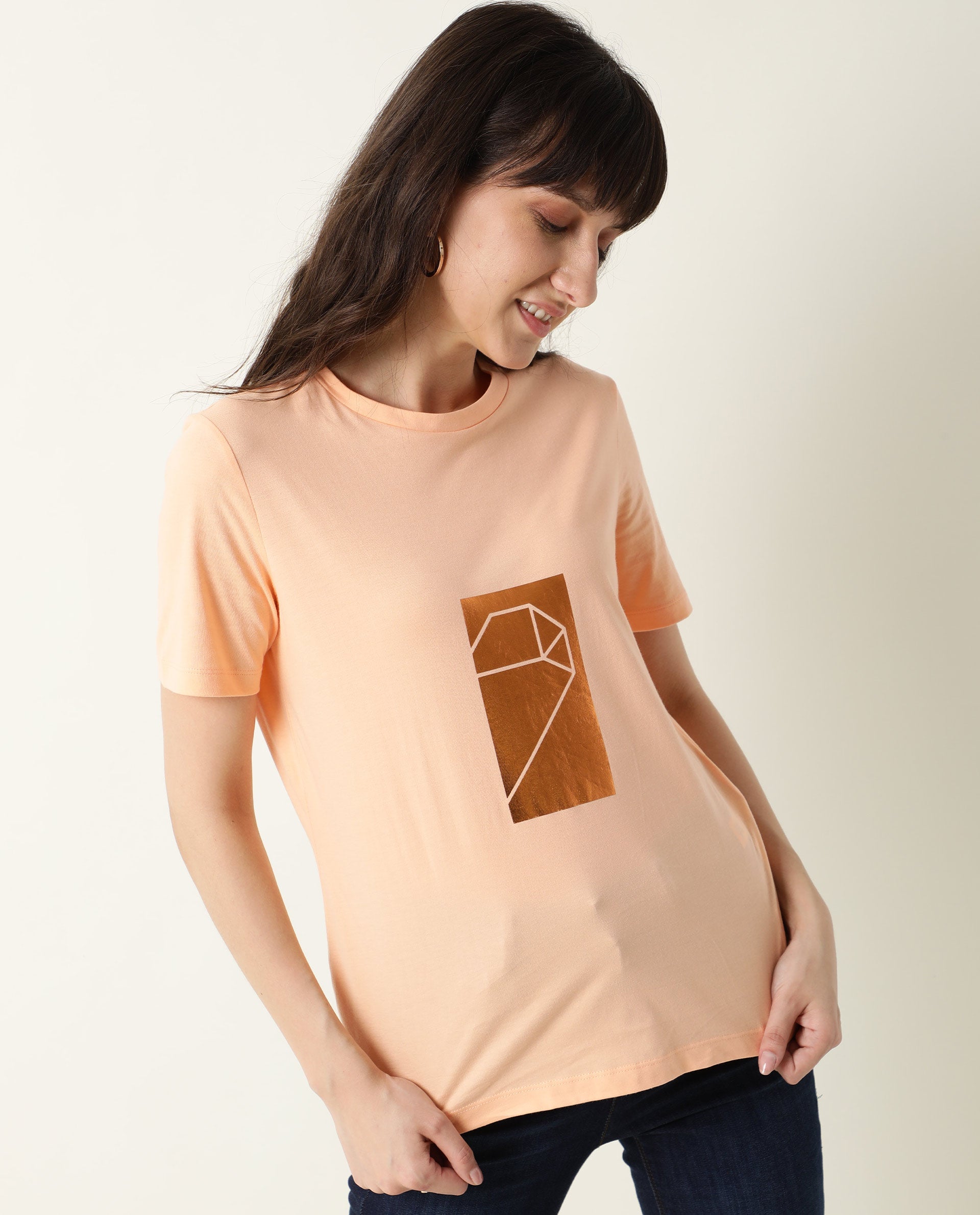 Rareism Women Gulf Light Peach Cotton Fabric Regular Fit Half Sleeves Graphic Print Crew Neck T-Shirt