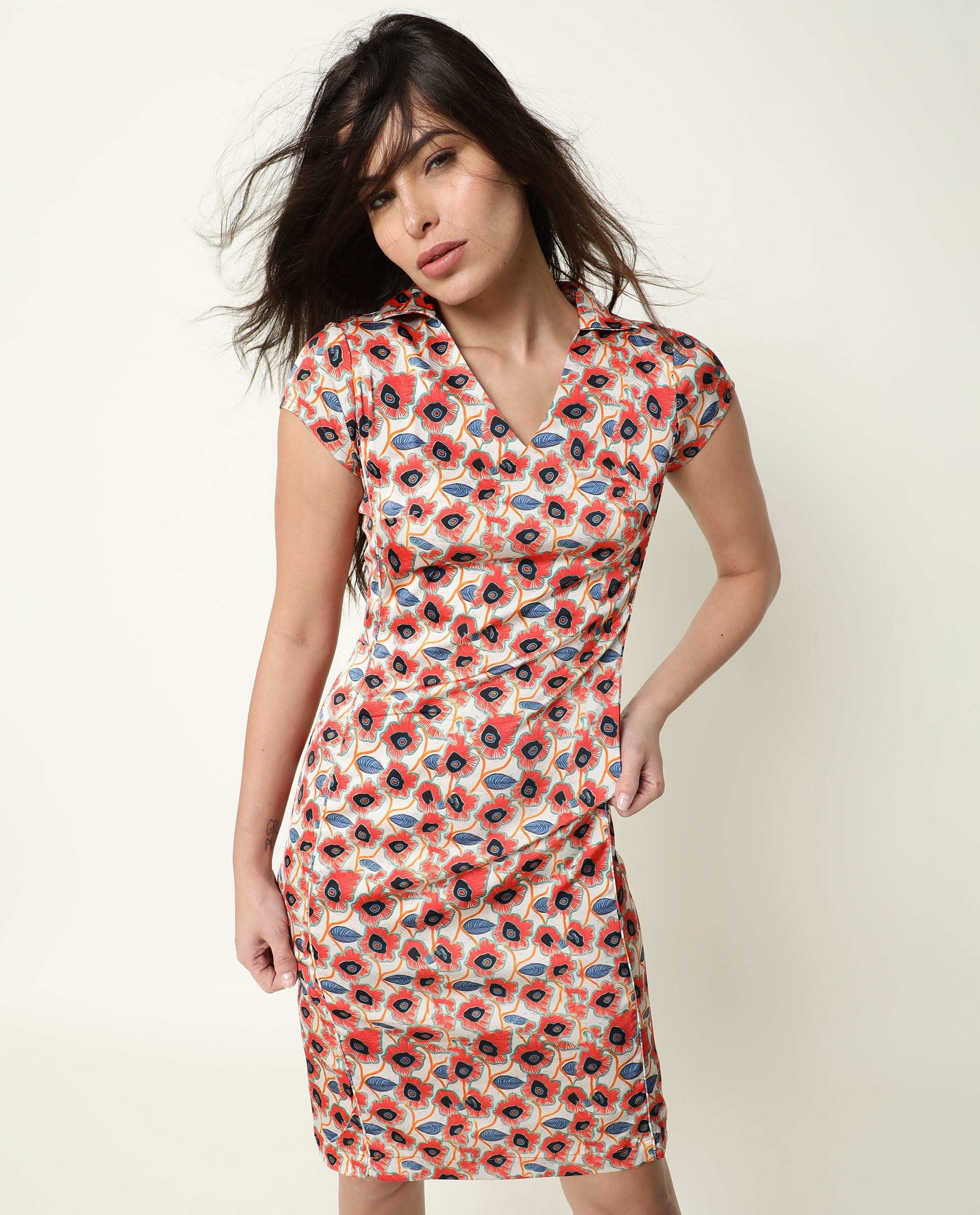 Rareism Women Orleans Beige Shirt Collar Cap Sleeves Mini Dress