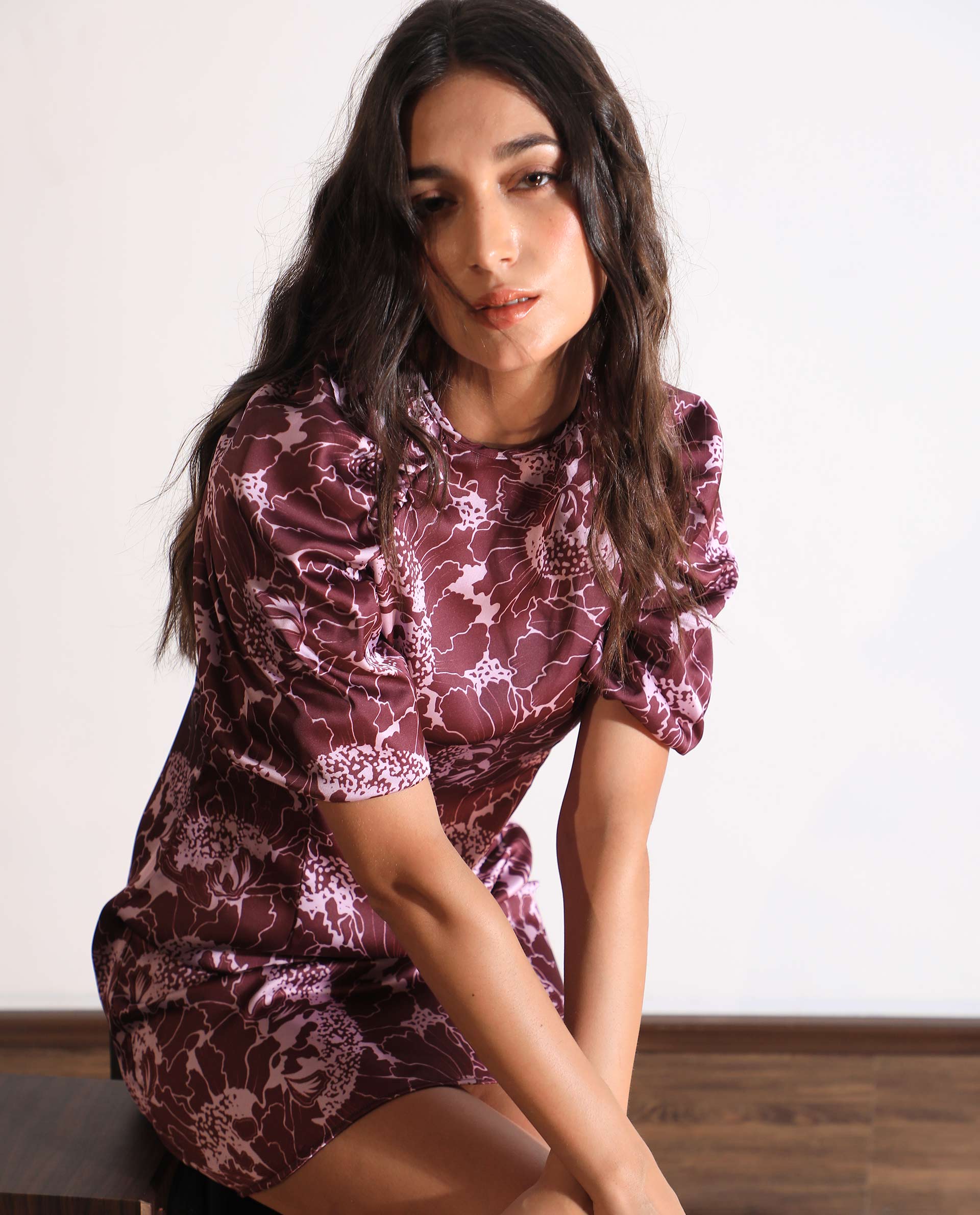 Rareism Women Christie Dark Maroon Polyester Fabric Short Sleeves Zip Closure Round Neck Puff Sleeve Slim Fit Floral Print Short Asymmetric Dress