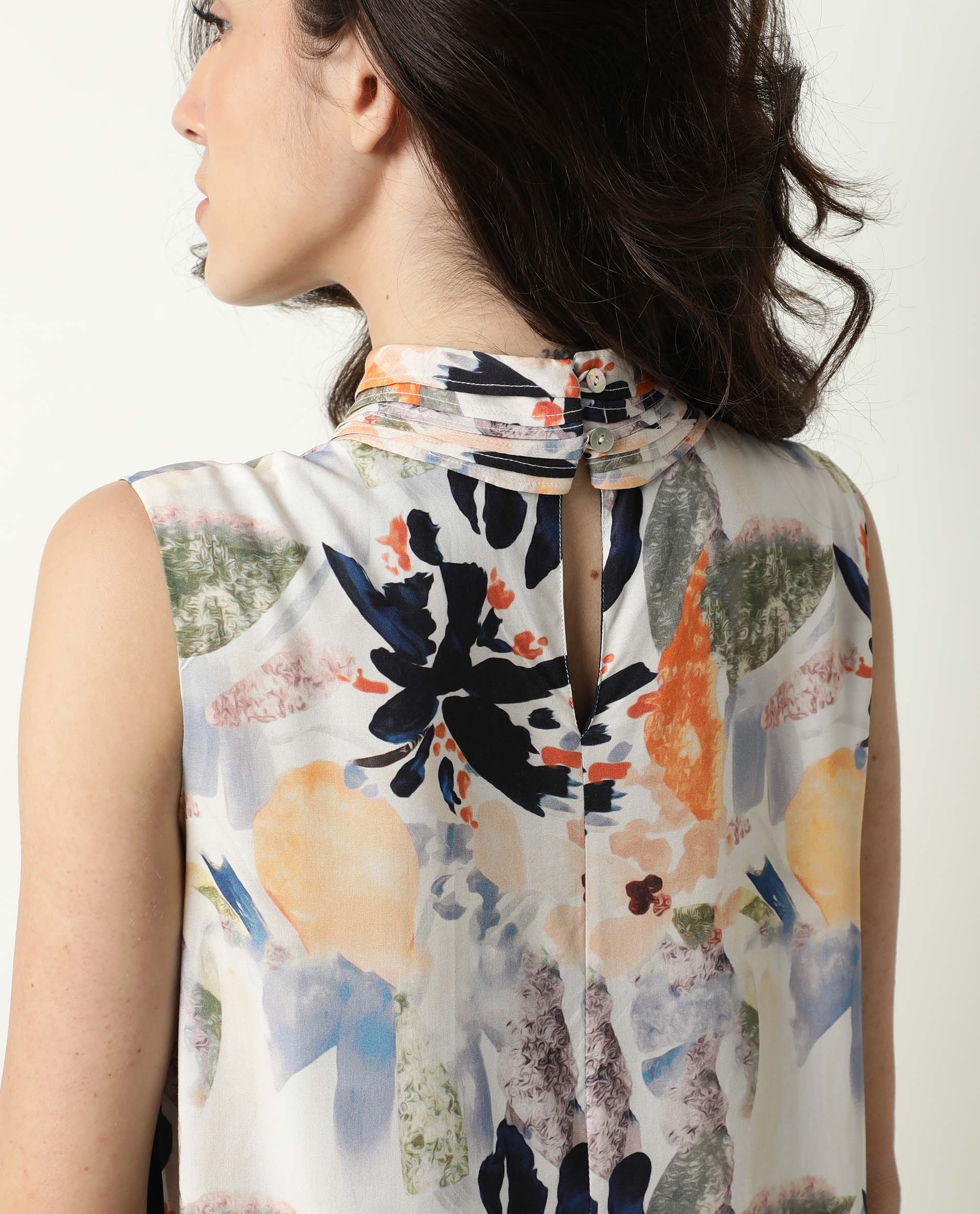 Rareism Women Isa Multi Abstract Print High Neck Band Collar With Ruffles Side Full Slit And Back Button Closure Maxi Dress