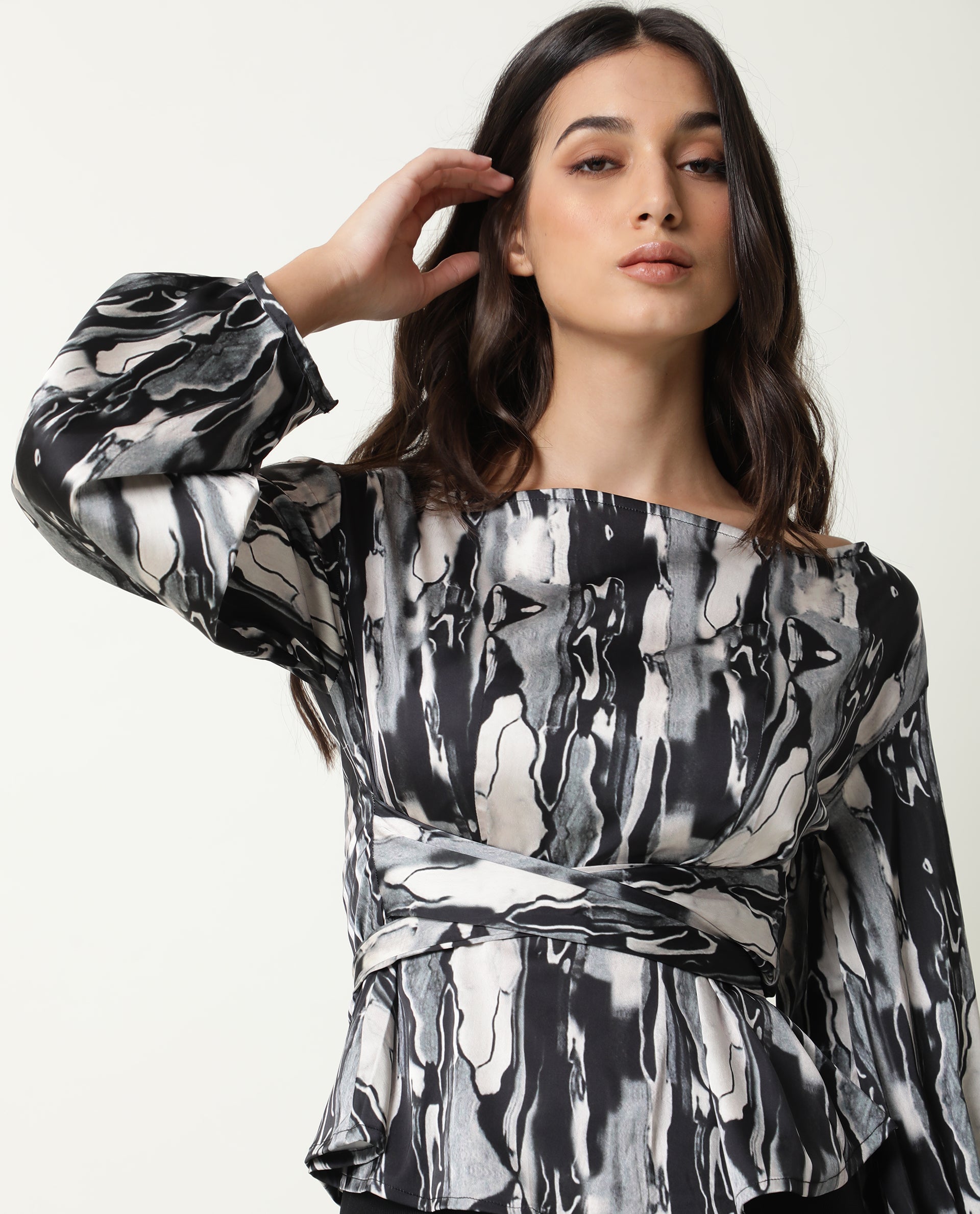 Rareism Womens Germa Black Top Modal Lycra Fabric Regular Fit Puff Sleeves Boat Neck