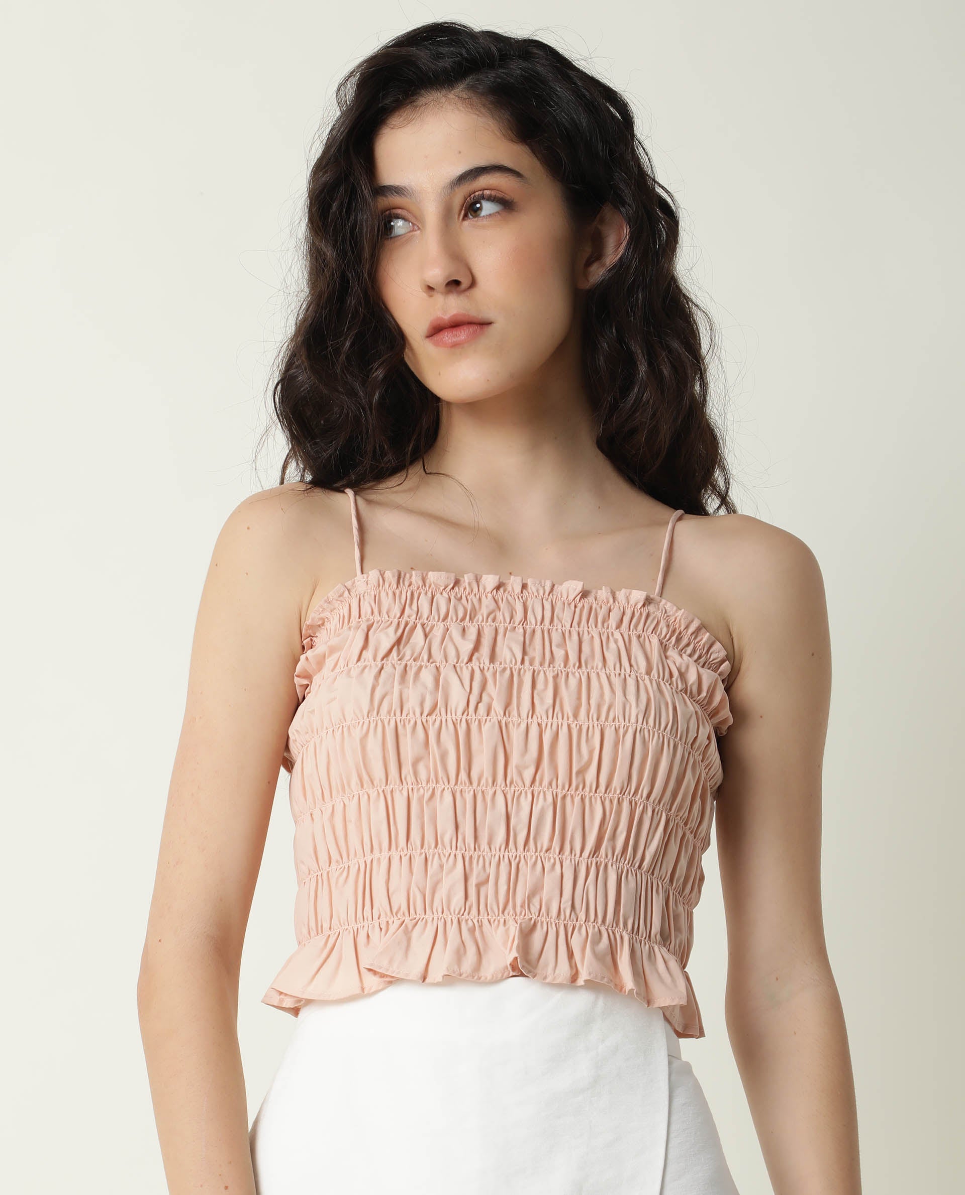 Rareism Womens Jaspersky Peach Top Cotton Fabric Sleeveless Square Neck