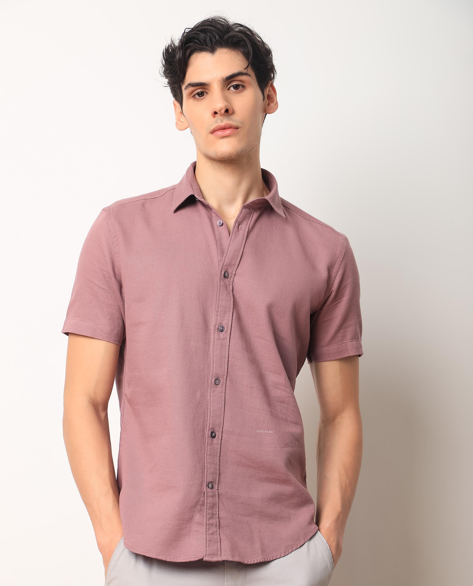 Rare Rabbit Men's Rissa Dusky Pink Cotton Fabric Half Sleeves Solid Dobby Shirt