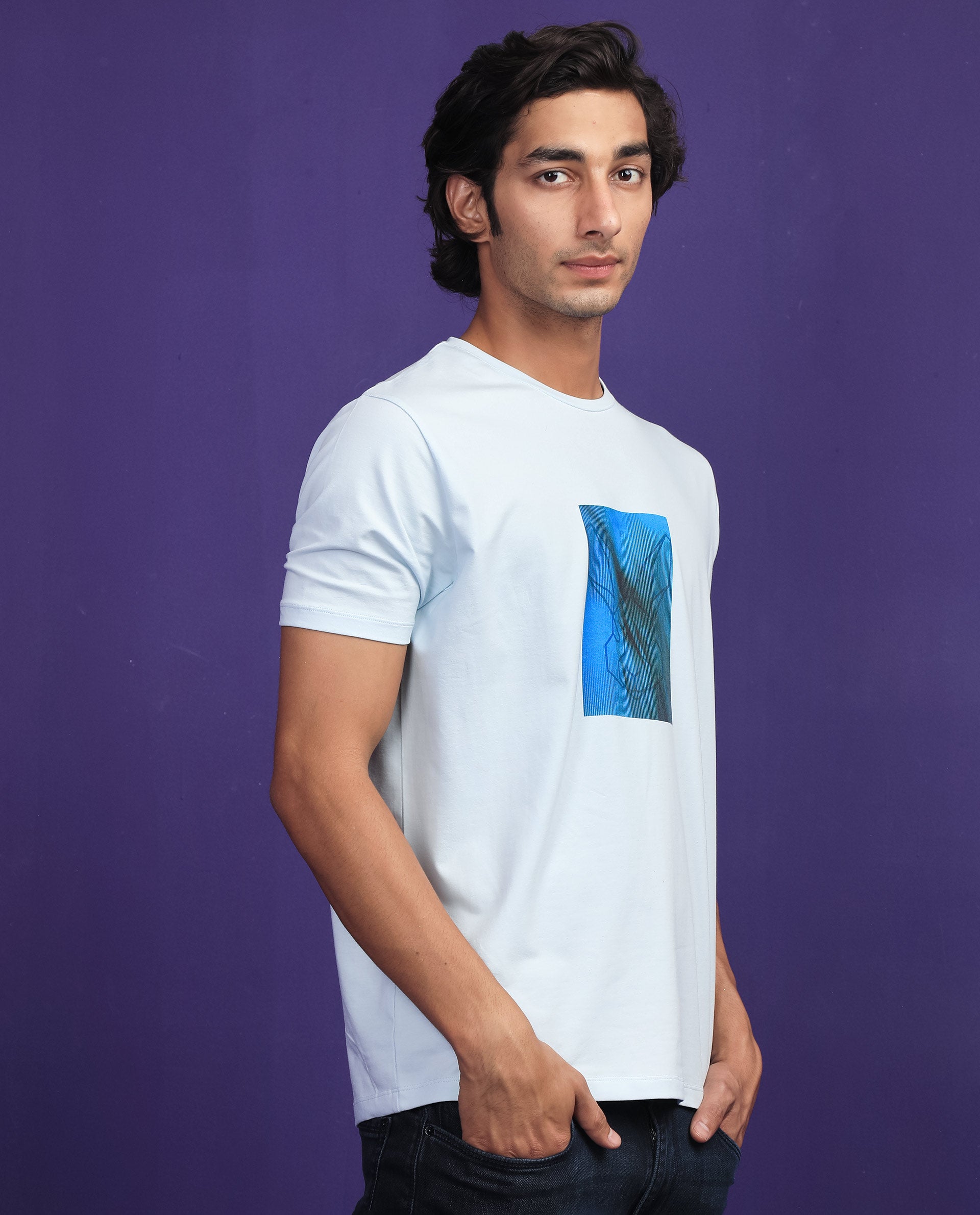 Rare Rabbit Men's Emine Light Blue Crew Neck Discharge Graphic Printed Half Sleeves Slim Fit T-Shirt