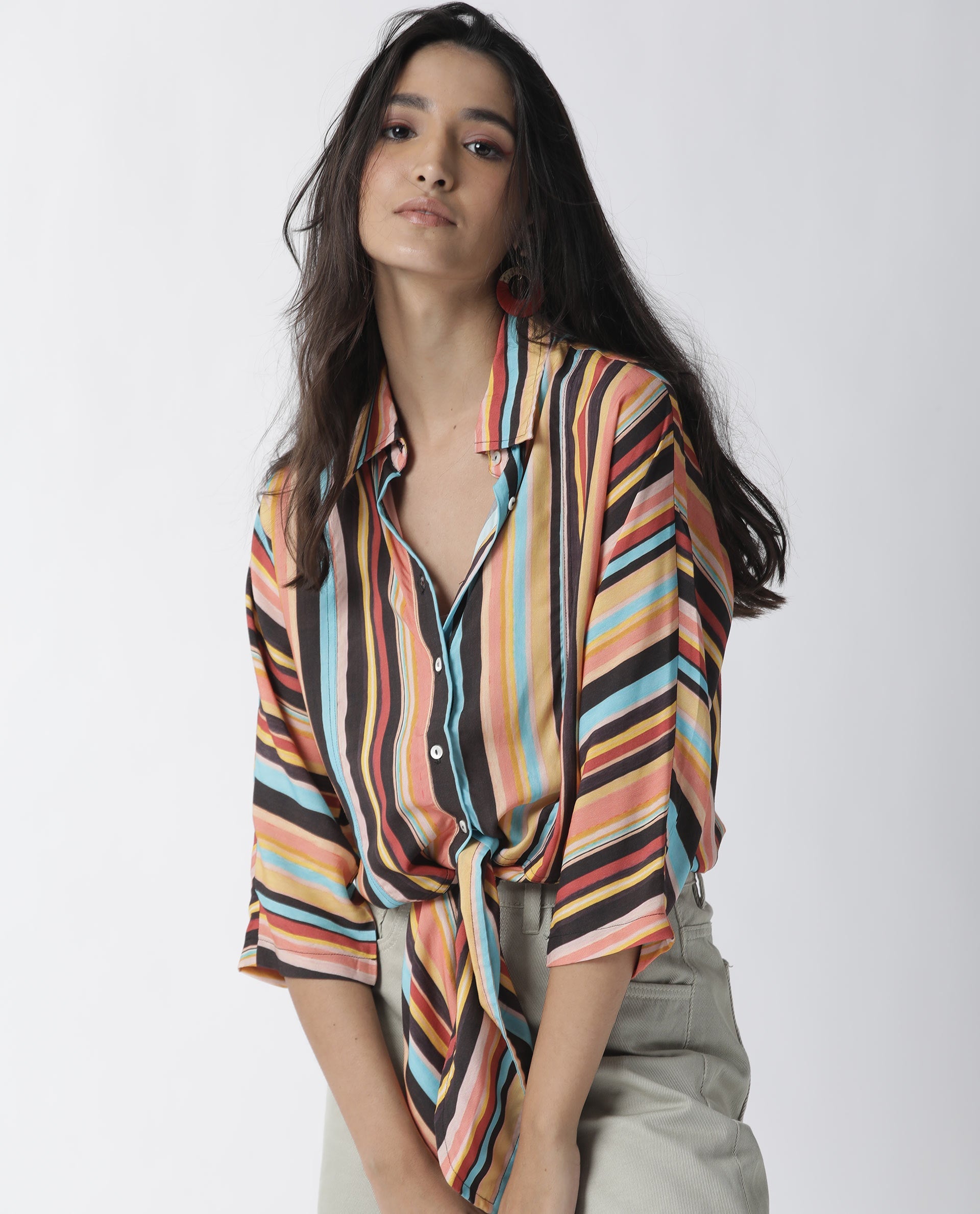 Rareism Womens Drumroll Multi Top Viscose Fabric Regular Fit 3/4 Sleeve Collared Neck