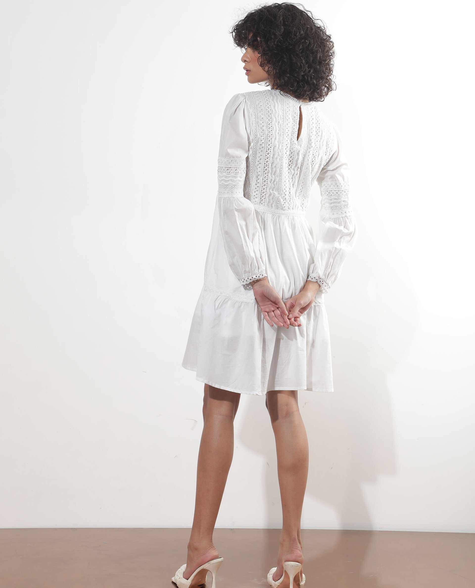 Rareism Women Darmini White Cotton Fabric Full Sleeves Round Neck Puff Sleeve Relaxed Fit Plain Knee Length Empire Dress