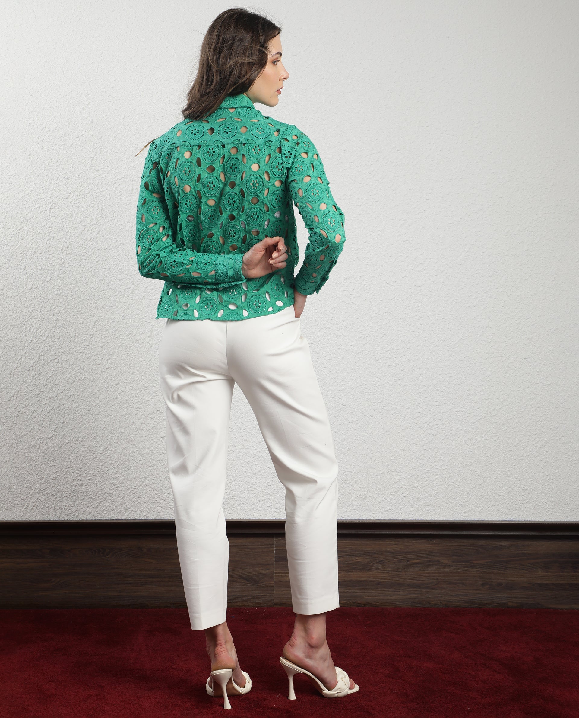 Rareism Women Olivia Green Top Cotton Fabric Full Sleeves Solid