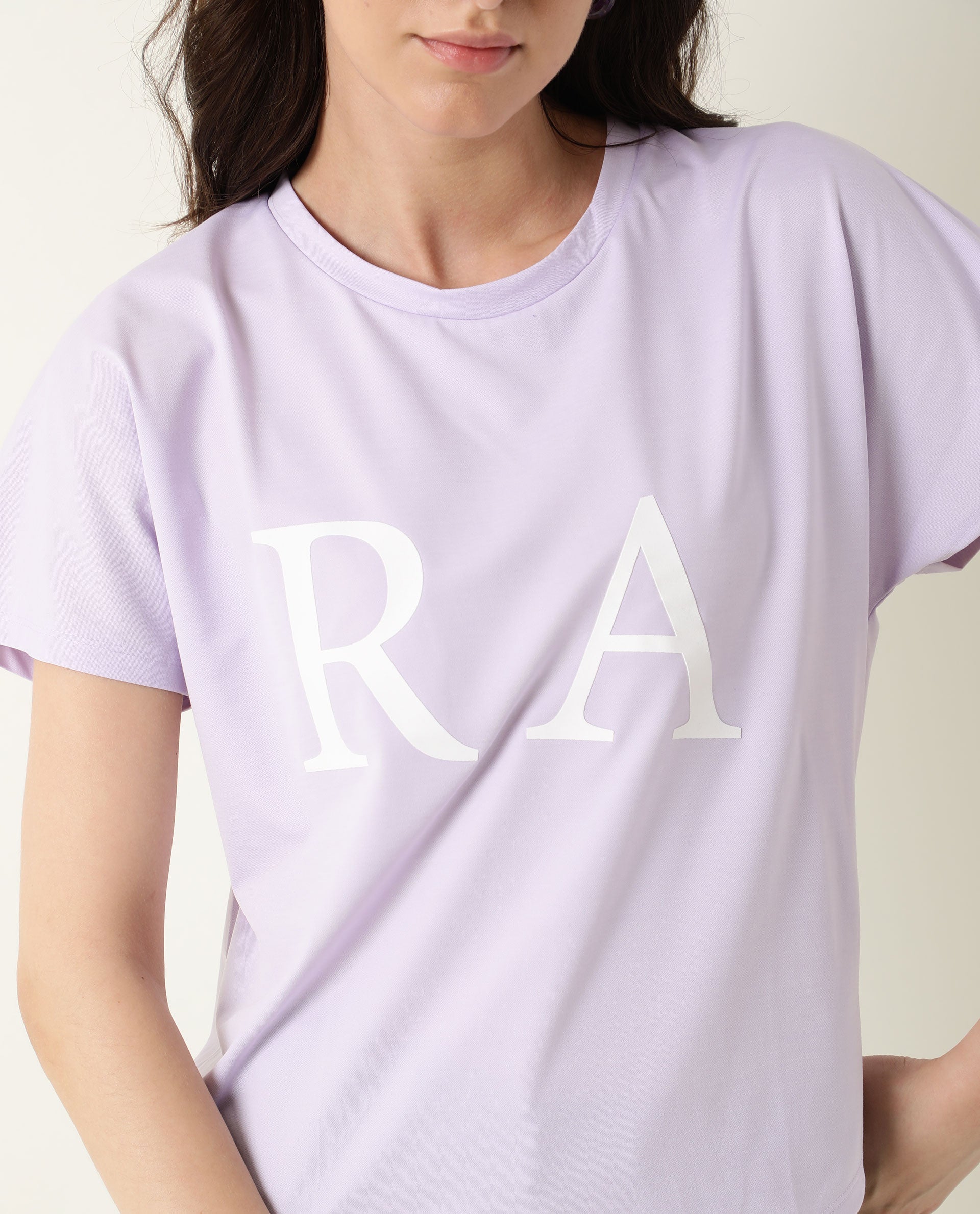 Rareism Women Zeg Light Purple Cotton Fabric Regular Fit Half Sleeves Graphic Print Crew Neck T-Shirt