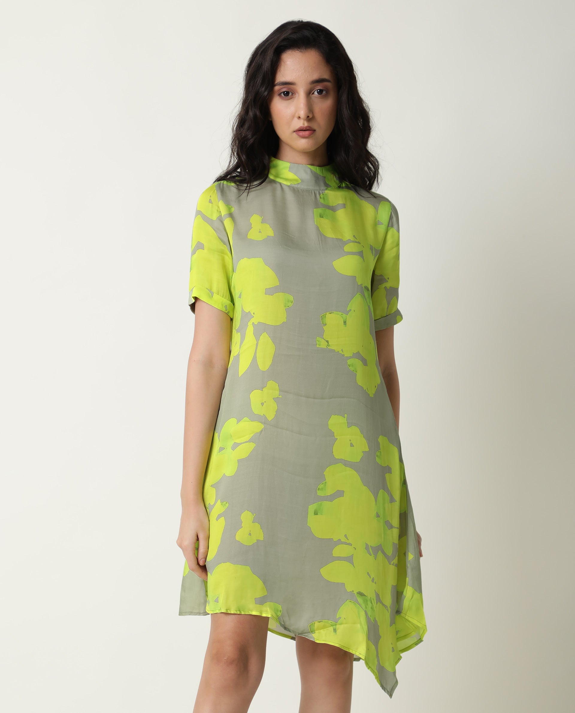 Rareism Women Sprite Yellow Floral Print Band Neck Short Sleeves With Pockets Asymmetric Hem Knee Length Dress