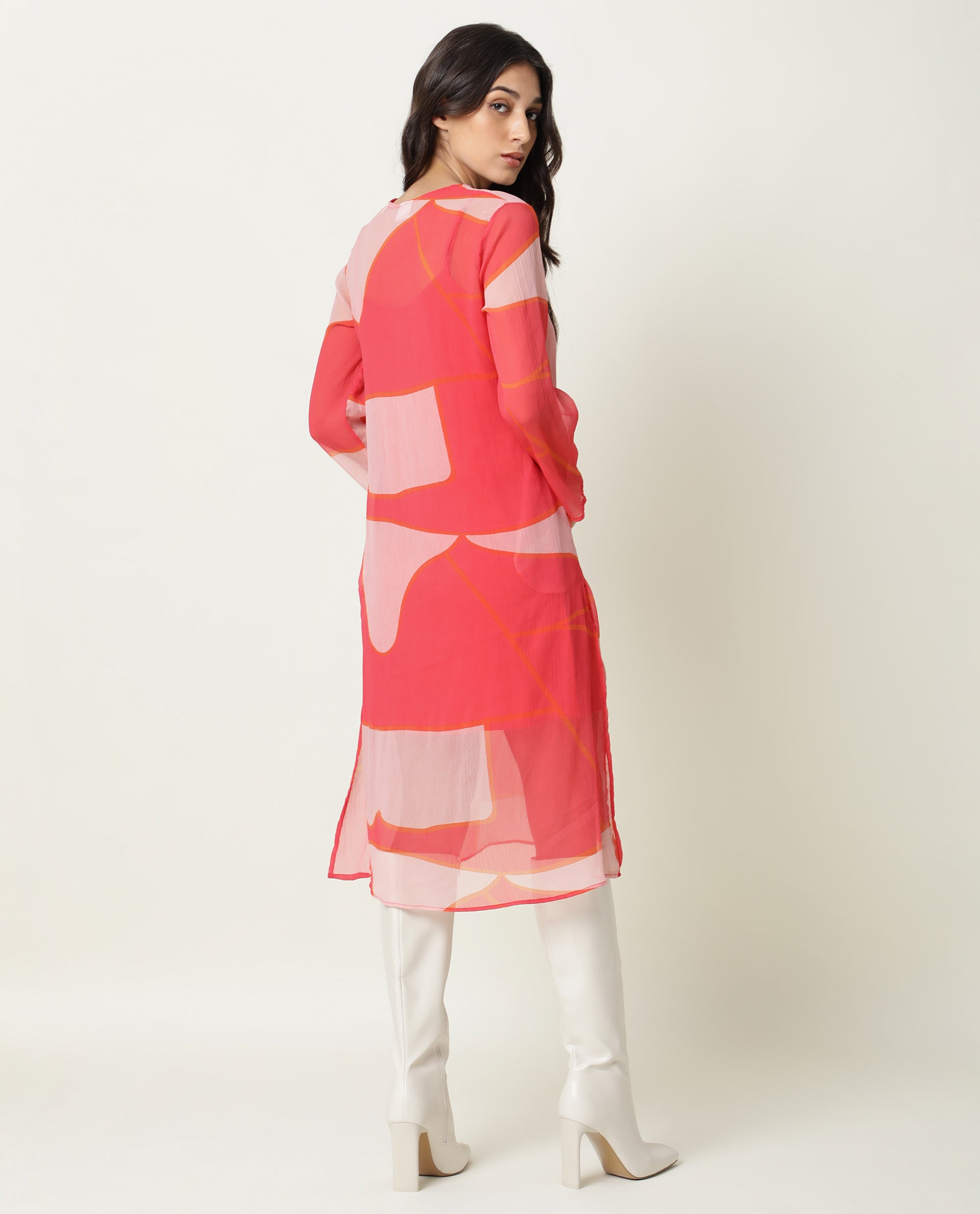 Rareism Women Benett Pink Abstract V Neck With Criss Cross Tie Up Full Sleeves Midi Dress