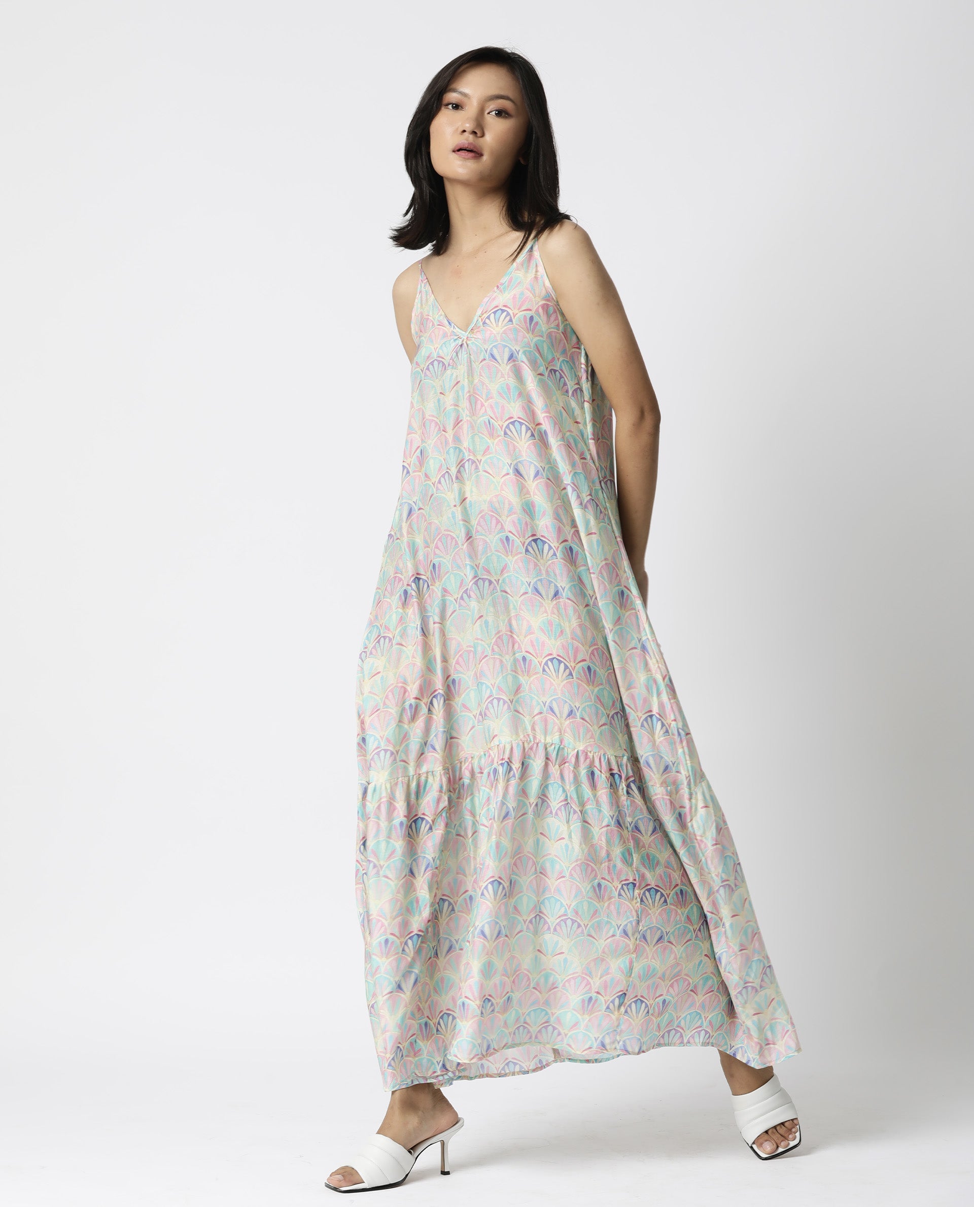 Rareism Women Prima Pink V Neck Spaghetti Back Tie Up Straps With Pockets Tiered Maxi Dress