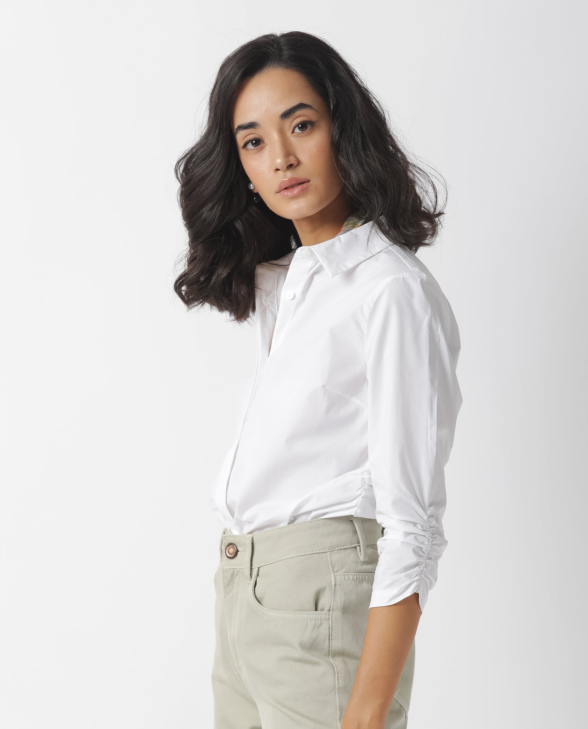 Rareism Women Cuddle White Cotton Lycra Fabric Regular Fit Shirt Collar 3/4Th Sleeves Solid Top