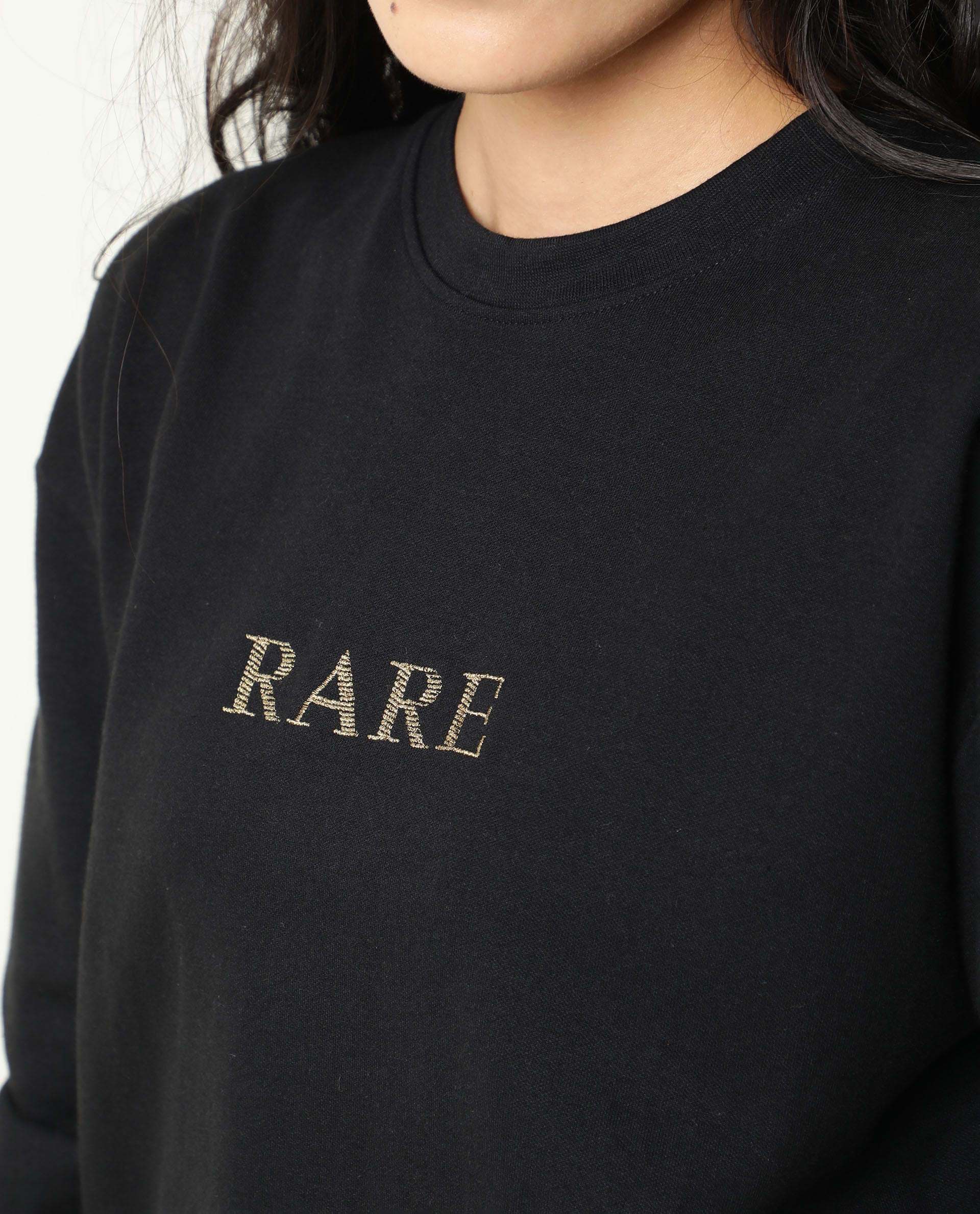 Rareism Womens Goldy Black Sweatshirt Crew Neck Full Sleeve Cotton Blend Fabric Relaxed Fit