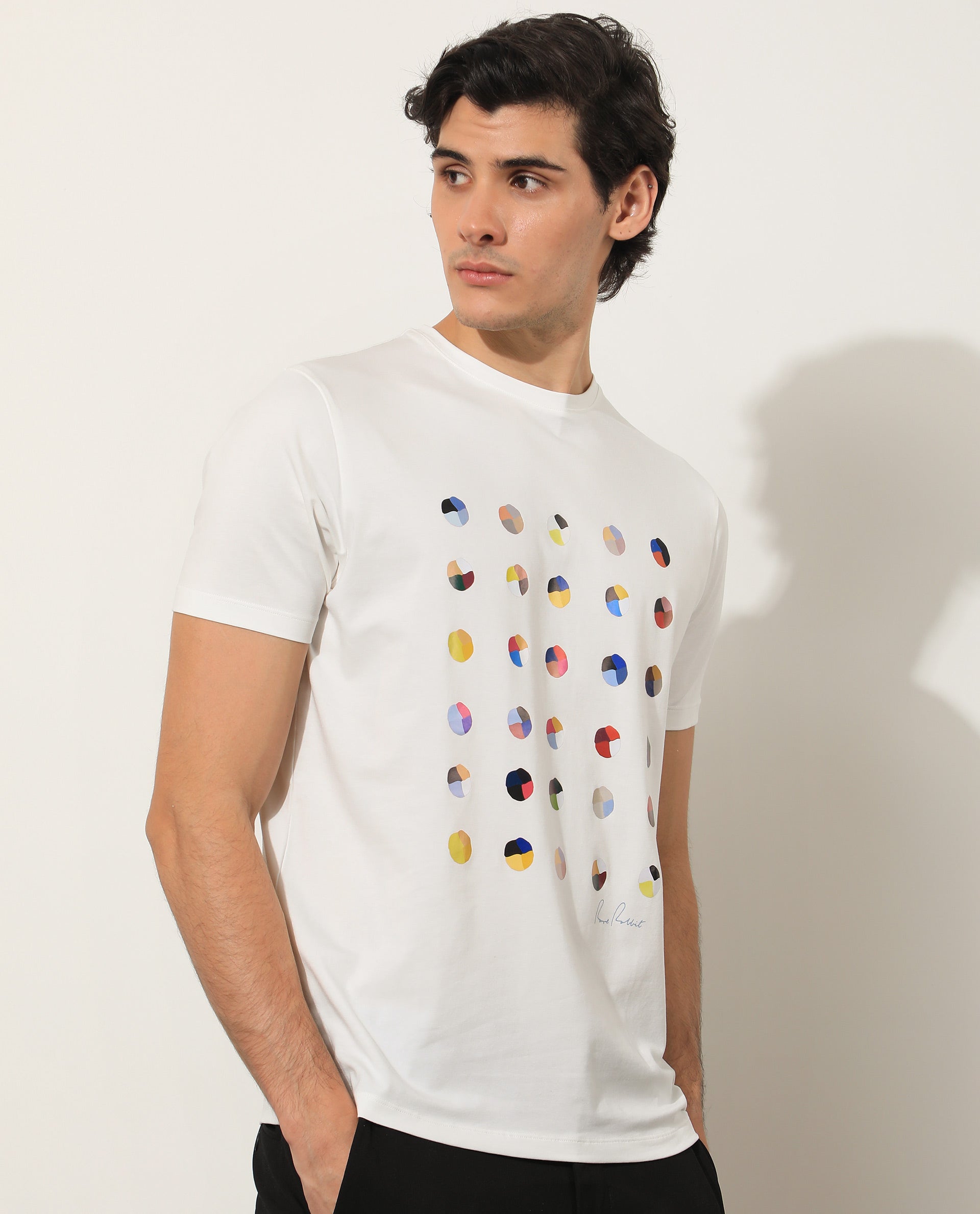 Rare Rabbit Men's Flips Off White Crew Neck Abstract Polka Print Half Sleeves Slim Fit T-Shirt