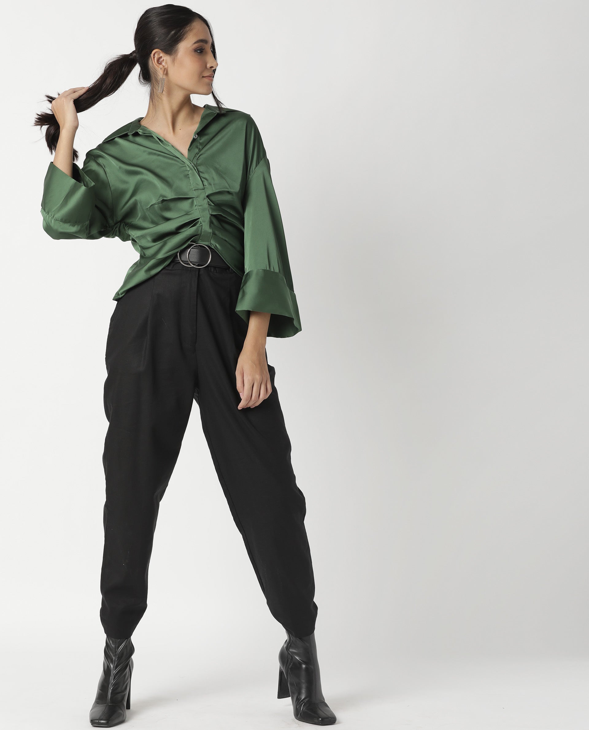 Rareism Womens Zomat Green Top Modal Fabric Regular Fit Bell Sleeves Collared Neck