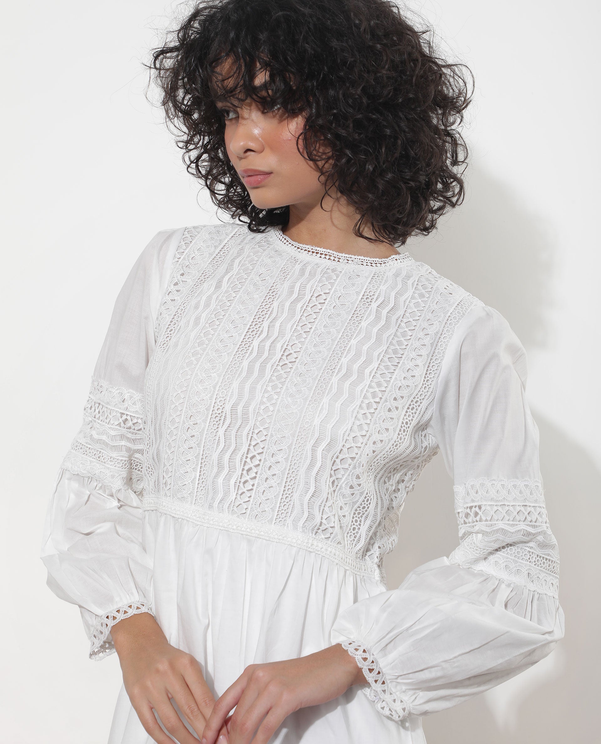 Rareism Women Darmini White Cotton Fabric Full Sleeves Round Neck Puff Sleeve Relaxed Fit Plain Knee Length Empire Dress