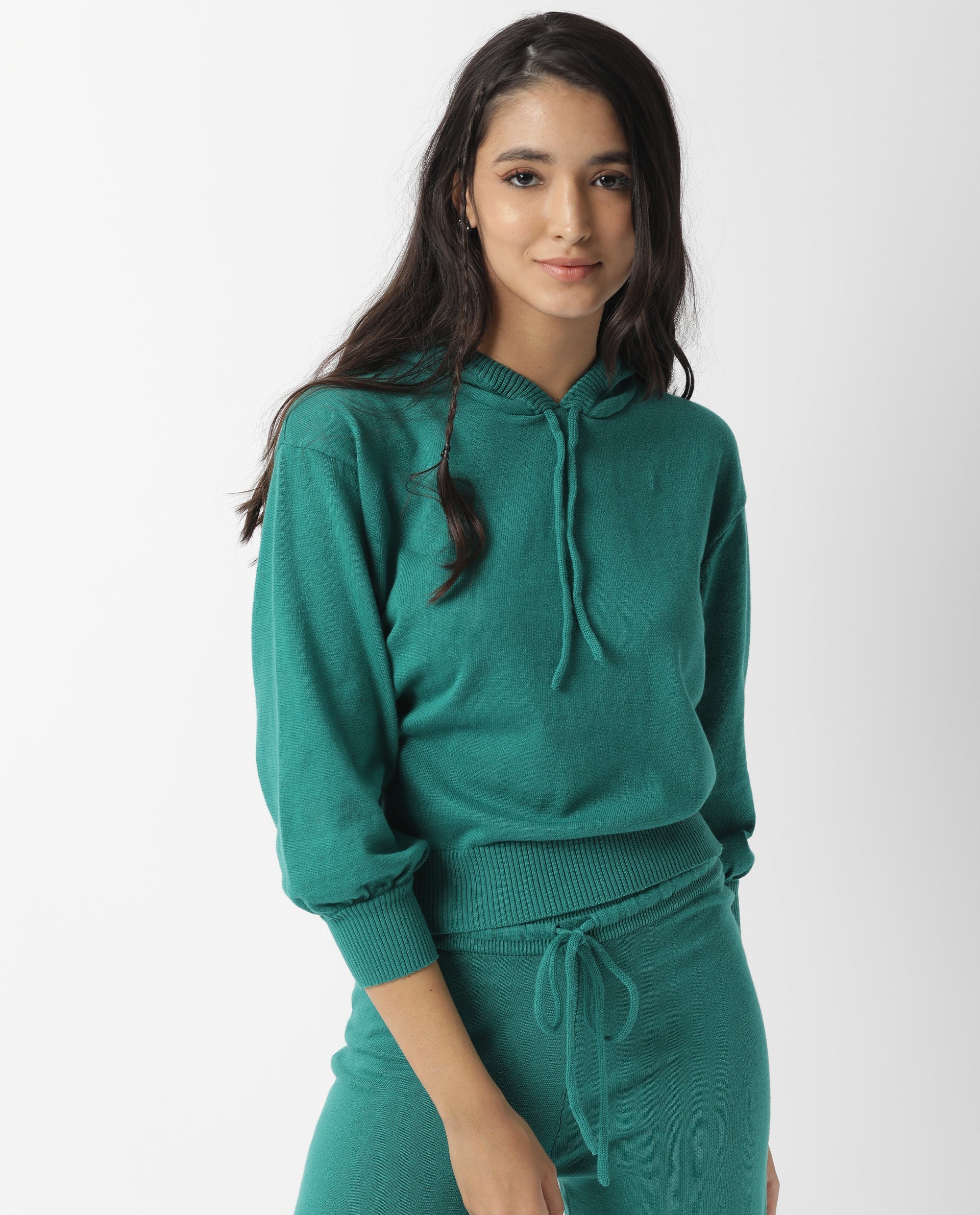 Rareism Women Finn Green Cotton Fabric Relaxed Fit Full Sleeves Solid Knee Length Hooded Track Suit